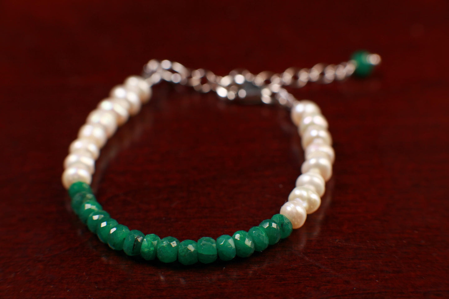 Genuine Emerald Faceted Rondelle and Freshwater Pearl Bracelet in 925 Sterling Silver or 14K Gold Filled Clasp and 1" Extension Chain