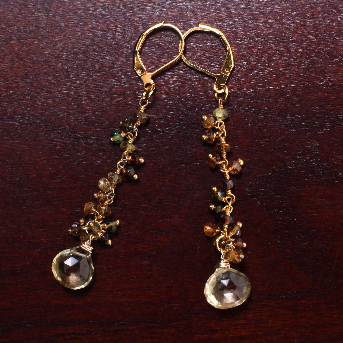 Natural Lemon Quartz Teardrop Dangling with Petro Brown Tourmaline Wire Wrapped 22K Gold Vermeil Earrings, Natural Gemstone, Handmade Gift