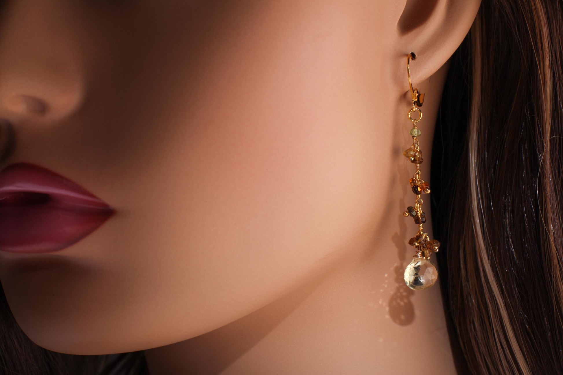 Natural Lemon Quartz Teardrop Dangling with Petro Brown Tourmaline Wire Wrapped 22K Gold Vermeil Earrings, Natural Gemstone, Handmade Gift