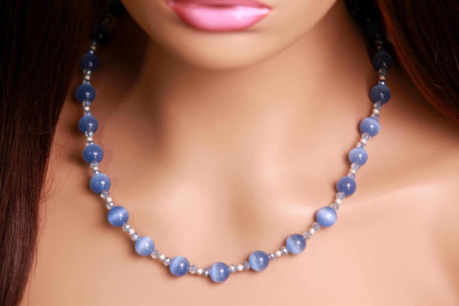 Blue Cat's Eye 10mm Smooth Round Choker, Silver Spacer Handmade Layering Necklace