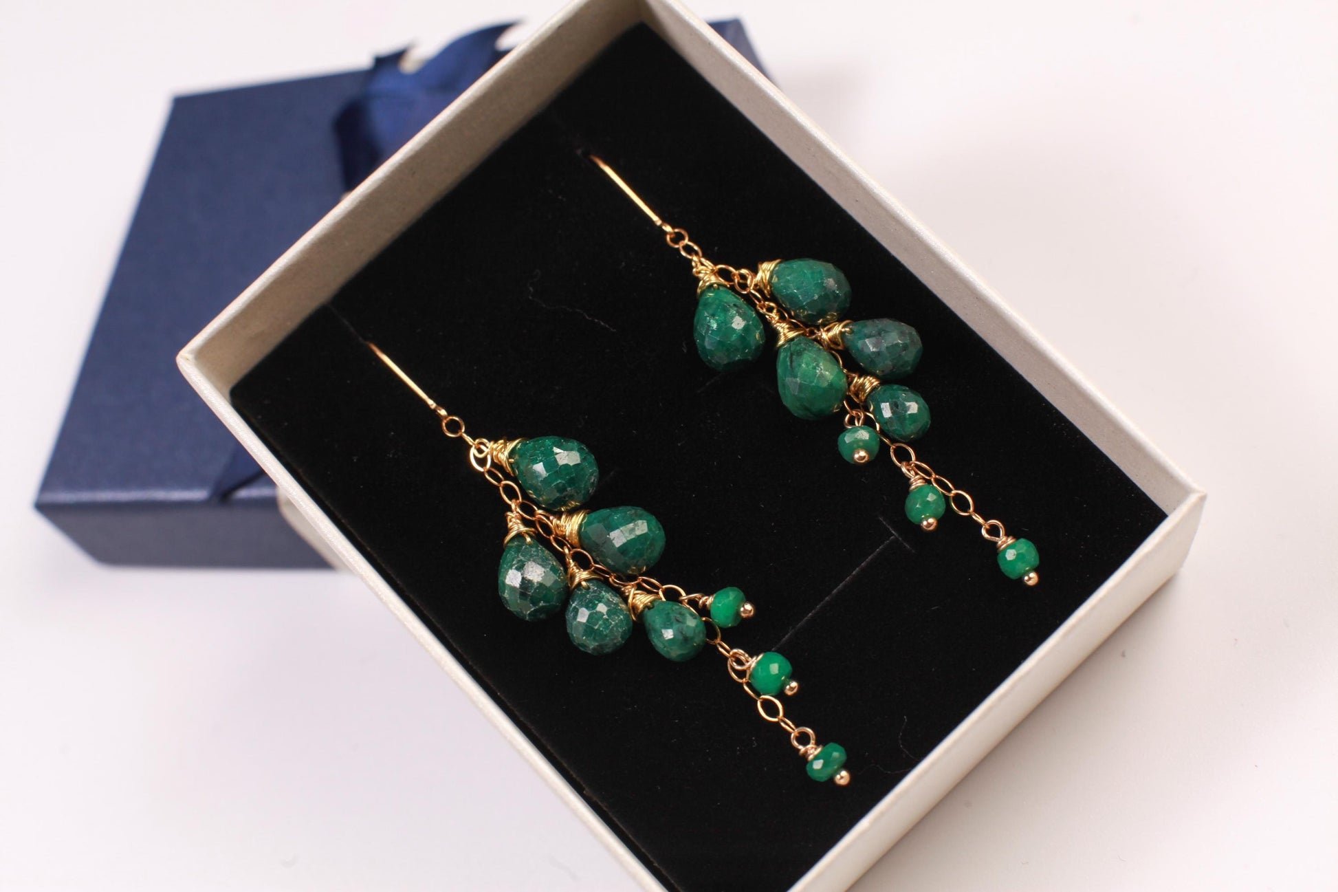 Natural Emerald Faceted Briolette Pear-drop Emerald 14K Gold Filled cascade Lever back Earrings, elegant precious Gift For Her