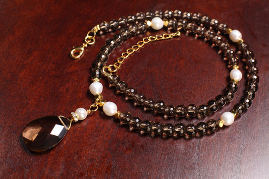 Genuine Smokey Quartz Faceted Pear Drop 18x25mm Pendant, Freshwater 7mm Pearl, Smokey Qz 6mm faceted bead, 19" Necklace with 1.5" Extension