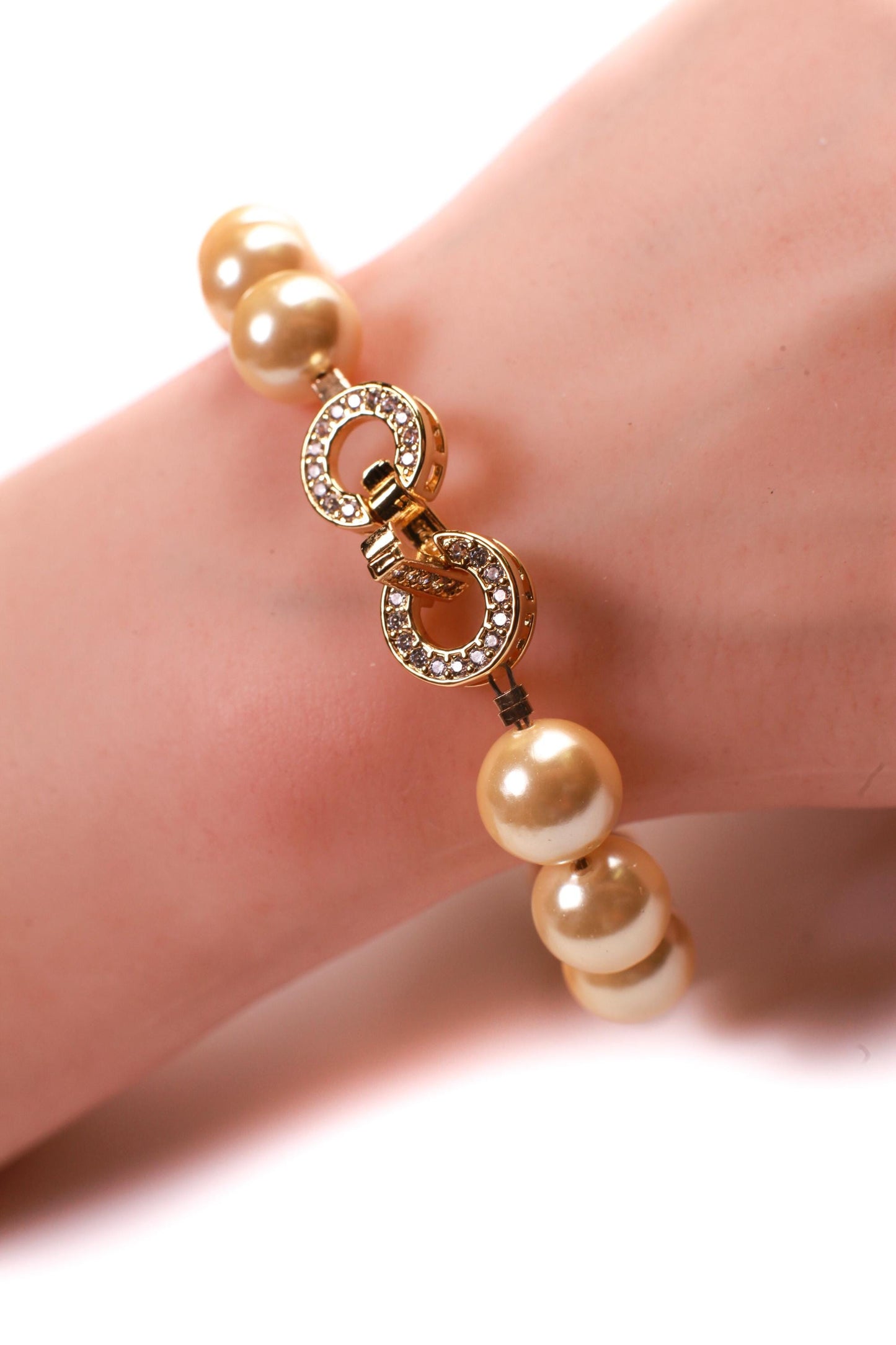 Golden Yellow South Sea Shell Pearl 8mm,10mm Bracelet Fancy CZ Diamond Gold Vermeil Foldable Clasp, Bridal, for Her, Each sold separately