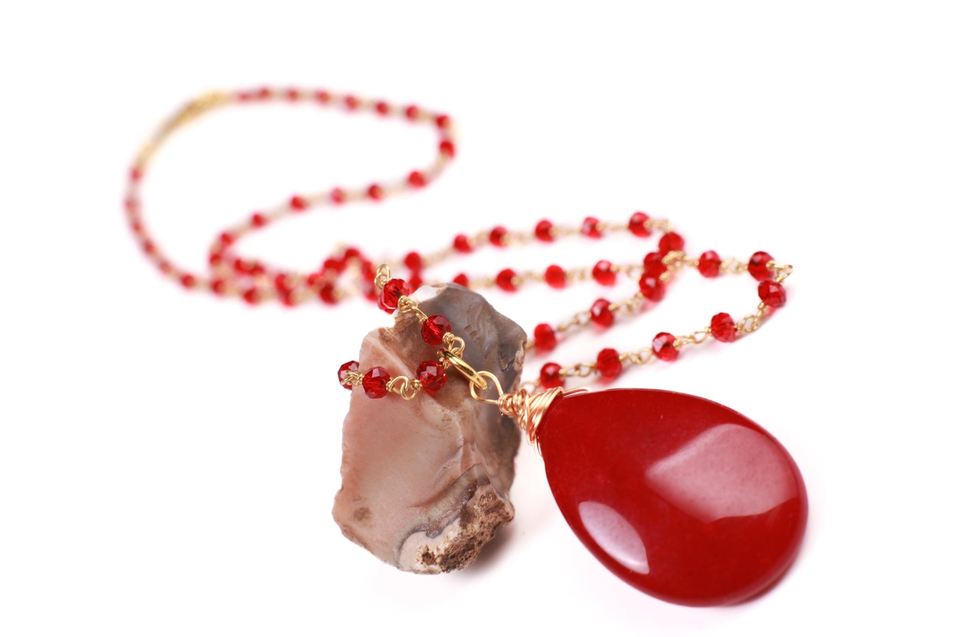 Ruby Jade large pendant 20x30mm with matching beaded Chain gold Necklace. Handmade Bright Ruby red Holiday Gift. 16”-24”