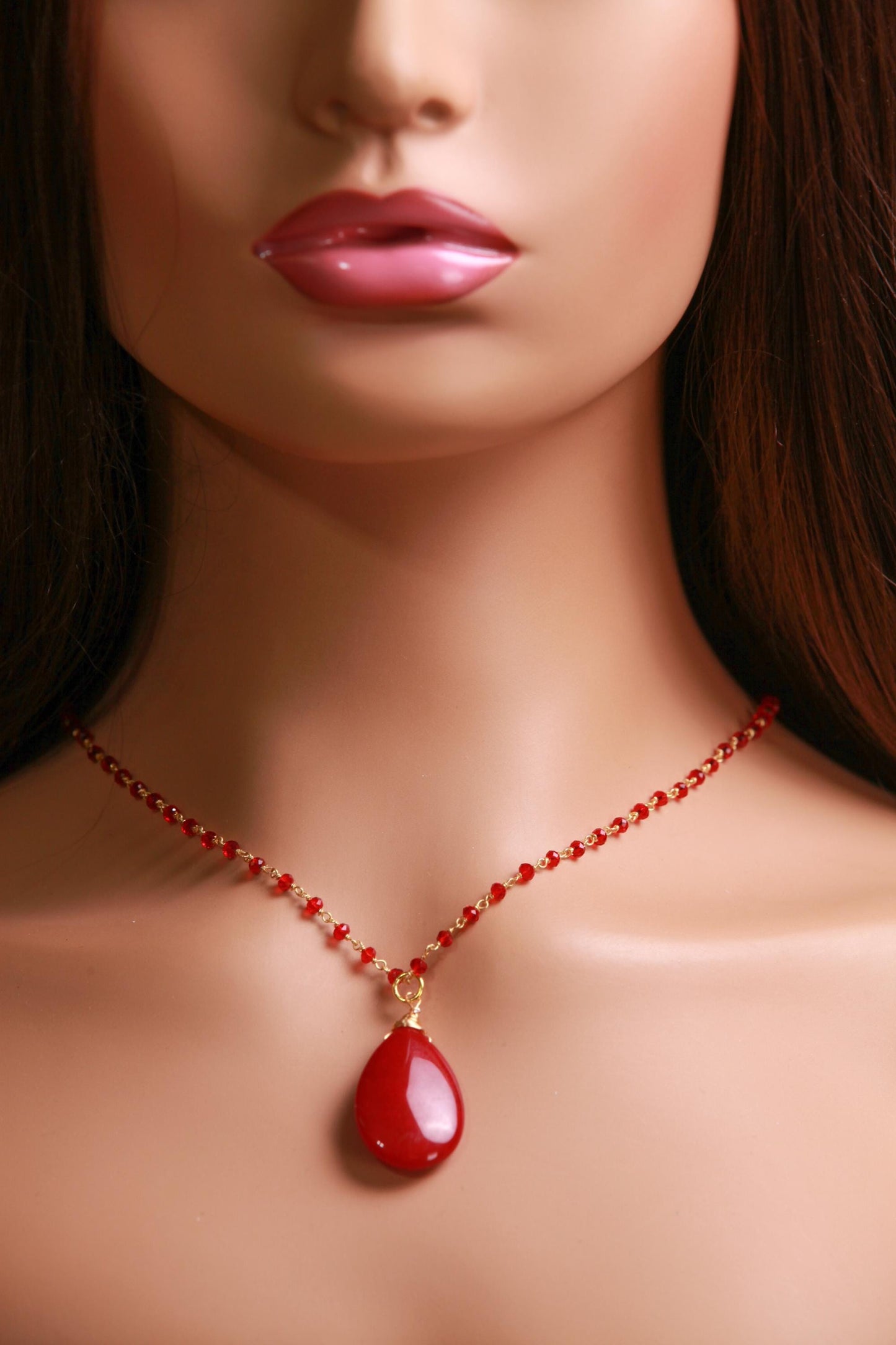 Ruby Jade large pendant 20x30mm with matching beaded Chain gold Necklace. Handmade Bright Ruby red Holiday Gift. 16”-24”