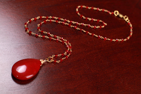 Ruby Jade large pendant 20x30mm with matching beaded Chain gold Necklace. Handmade Bright Ruby red Holiday Gift. 16”-24”