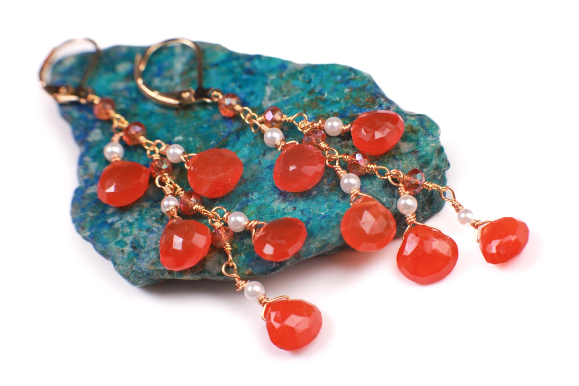 Natural Carnelian orange 7mm Heart shape faceted Cascade dangling freshwater pearl spacers handmade 18K Gold Vermeil earring 925 stamped