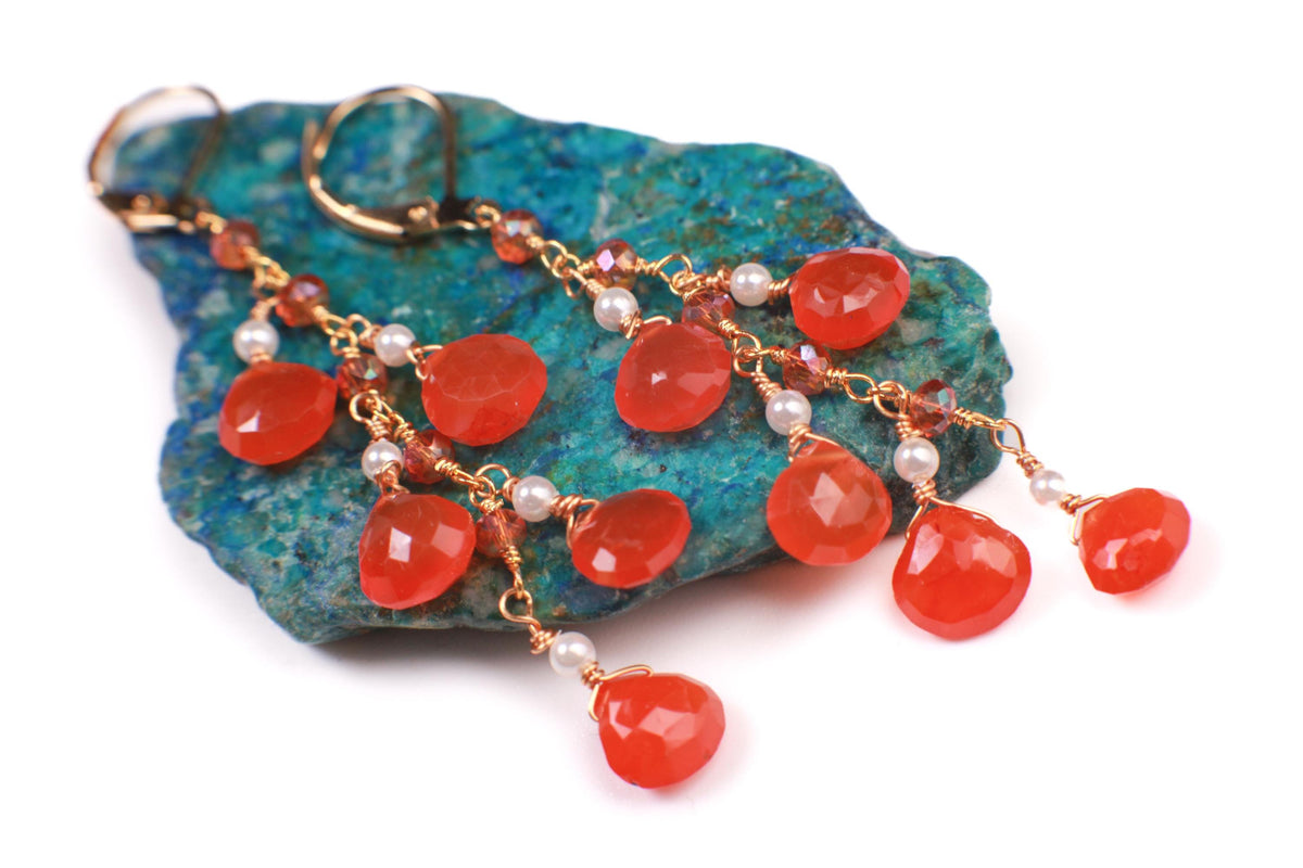 Natural Carnelian orange 7mm Heart shape faceted Cascade dangling freshwater pearl spacers handmade 18K Gold Vermeil earring 925 stamped