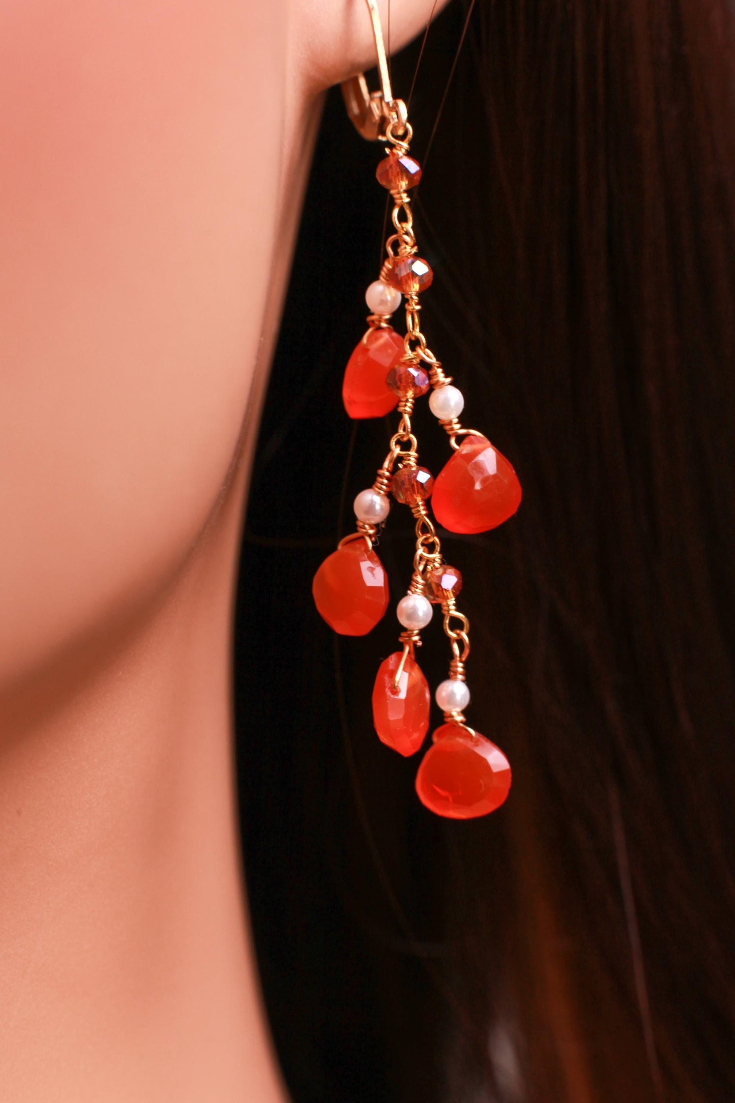Natural Carnelian orange 7mm Heart shape faceted Cascade dangling freshwater pearl spacers handmade 18K Gold Vermeil earring 925 stamped