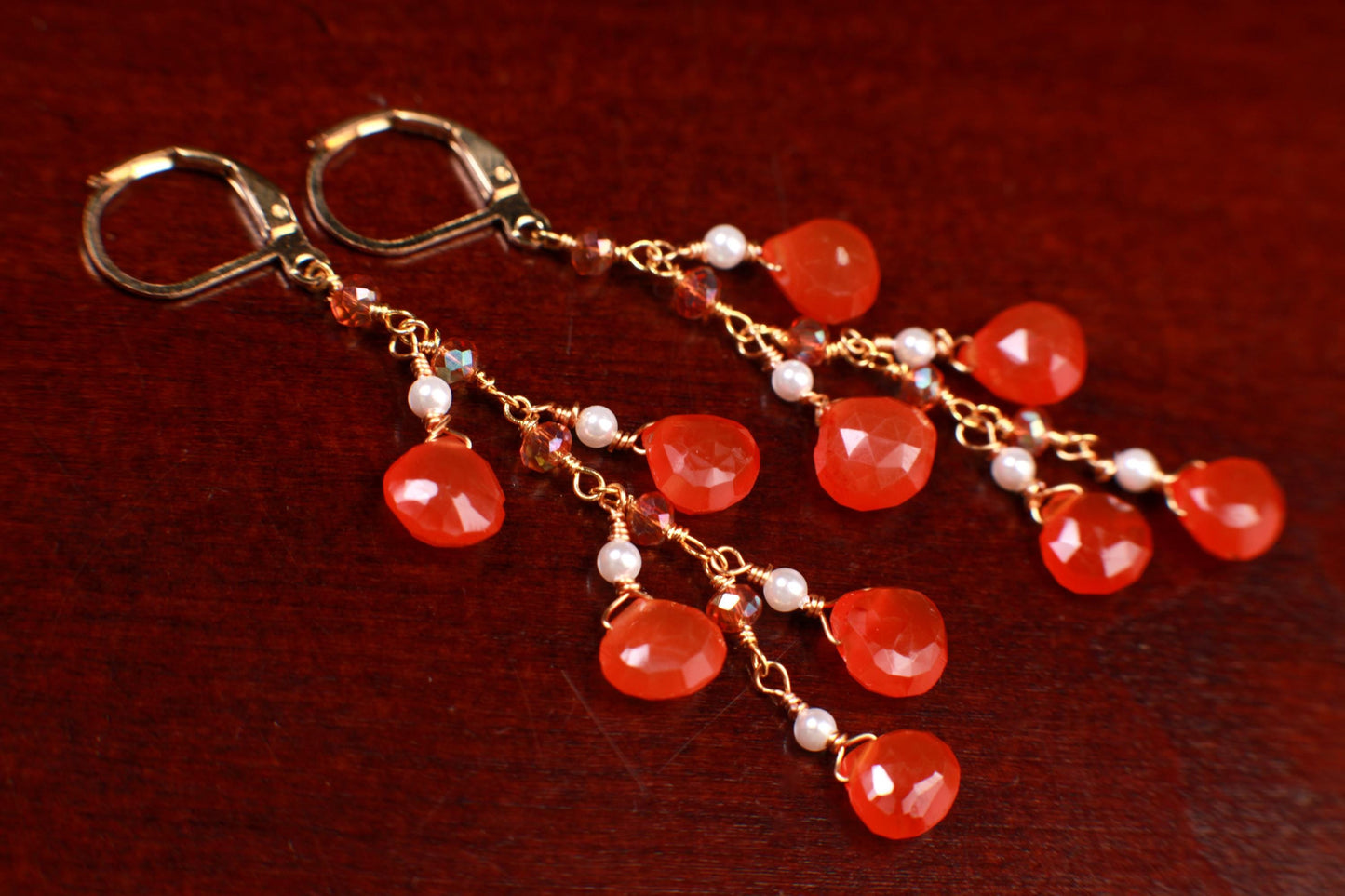 Natural Carnelian orange 7mm Heart shape faceted Cascade dangling freshwater pearl spacers handmade 18K Gold Vermeil earring 925 stamped