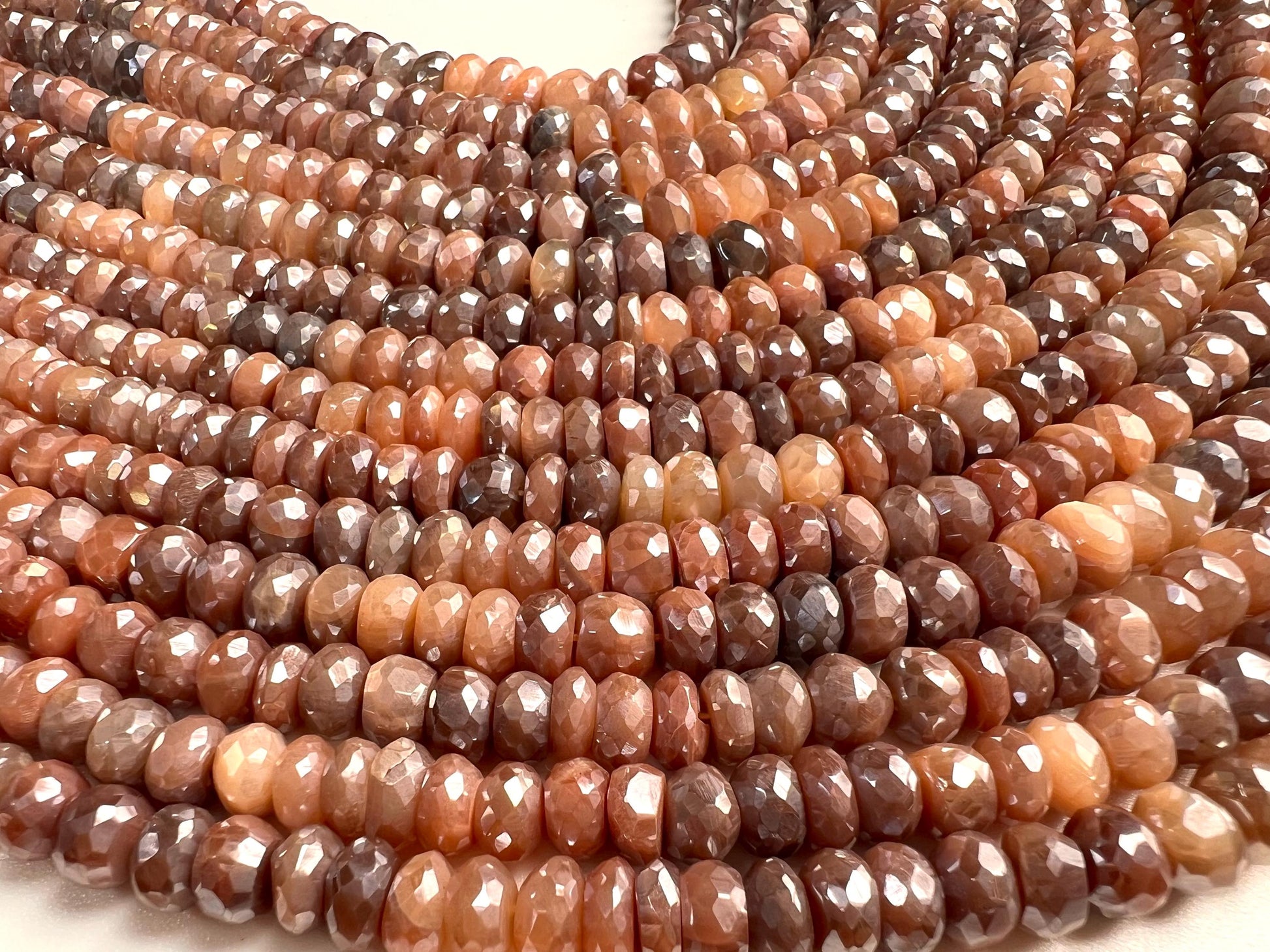 Natural Chocolate Moonstone Mystic Faceted Roundel Brown shaded 8-9.5mm bead . AAA quality bead for jewelry making 8” strand