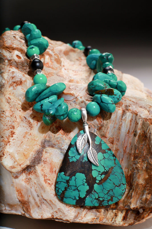 Natural AAA Tibetan Turquoise Spiderweb Matrix Briolette, Triangular Pendant in Sterling Silver Bail, 20&quot; Necklace, Bali Style Toggle Clasp