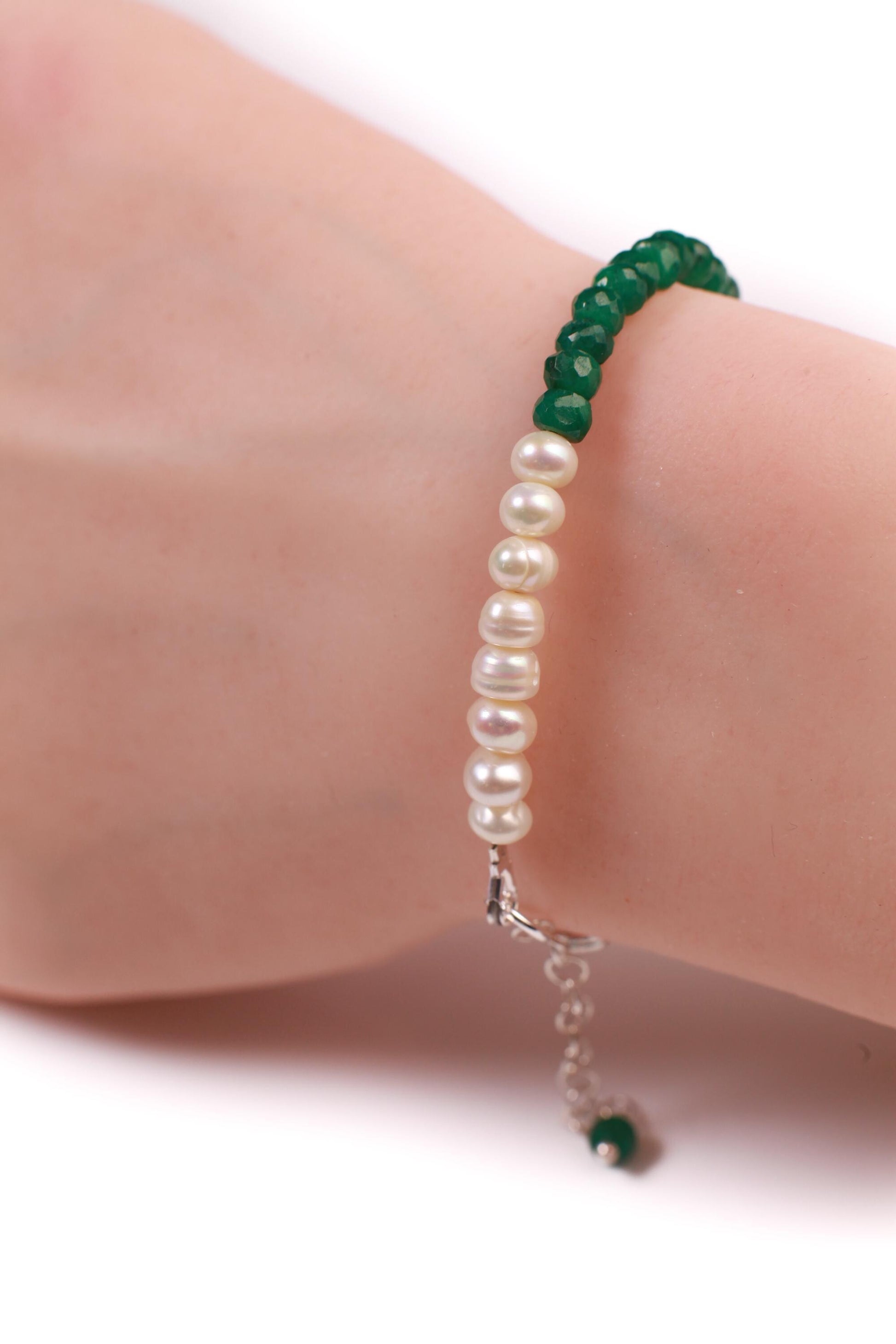 Genuine Emerald Faceted Rondelle and Freshwater Pearl Bracelet in 925 Sterling Silver or 14K Gold Filled Clasp and 1" Extension Chain