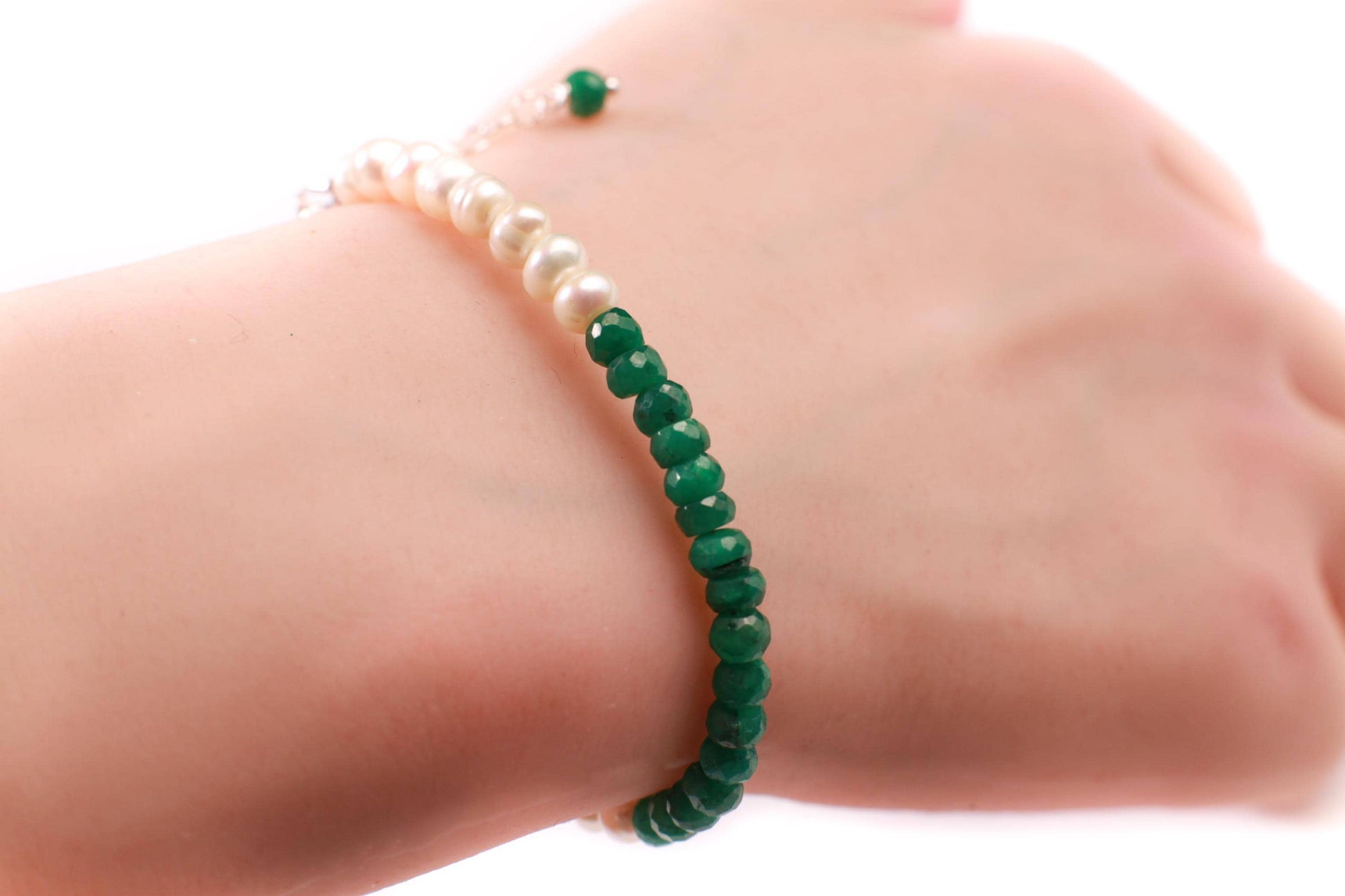 Genuine Emerald Faceted Rondelle and Freshwater Pearl Bracelet in 925 Sterling Silver or 14K Gold Filled Clasp and 1" Extension Chain