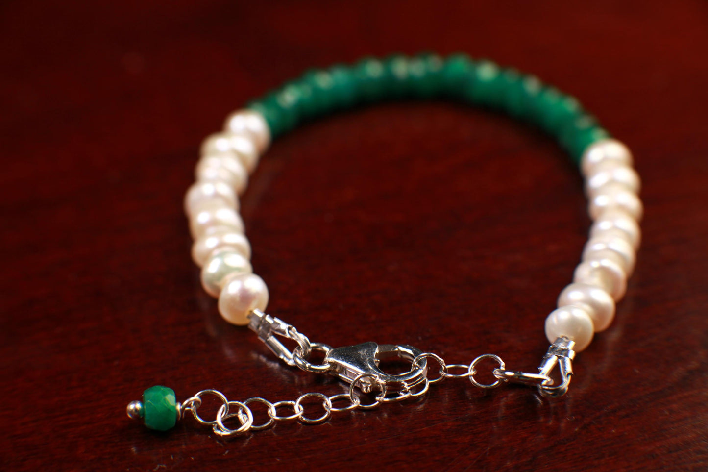 Genuine Emerald Faceted Rondelle and Freshwater Pearl Bracelet in 925 Sterling Silver or 14K Gold Filled Clasp and 1" Extension Chain