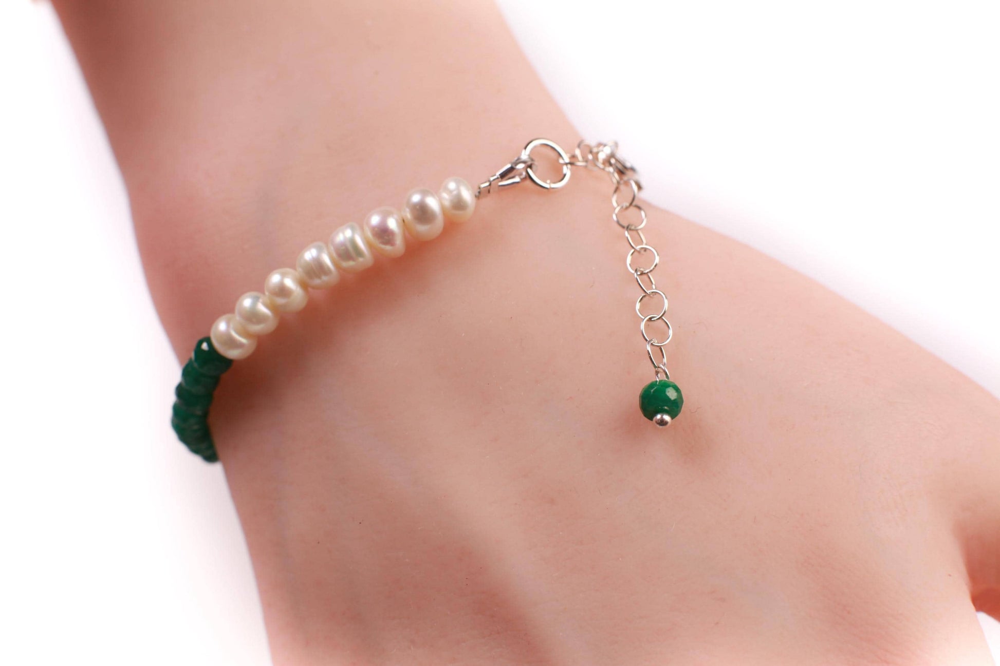 Genuine Emerald Faceted Rondelle and Freshwater Pearl Bracelet in 925 Sterling Silver or 14K Gold Filled Clasp and 1" Extension Chain