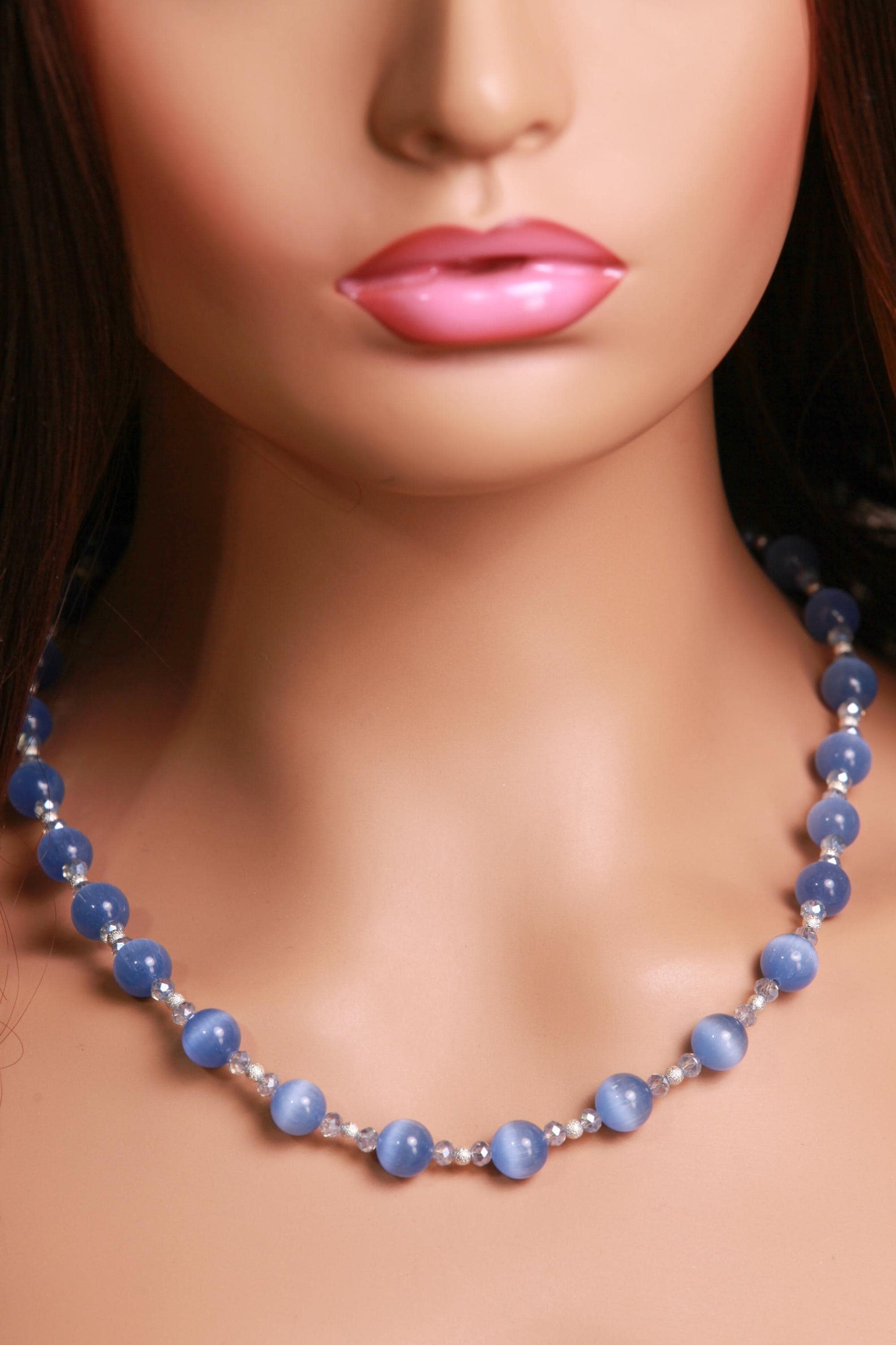 Blue Cat's Eye 10mm Smooth Round Choker, Silver Spacer Handmade Layering Necklace