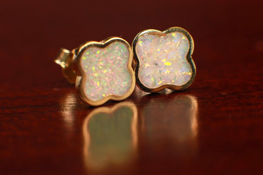 Genuine Ethiopian Fire Opal, Welo Opal, 8mm Clover Stud Earrings 18k Gold Vermeil over 925 Sterling Silver, Welo Opal Earrings,925 Stamped