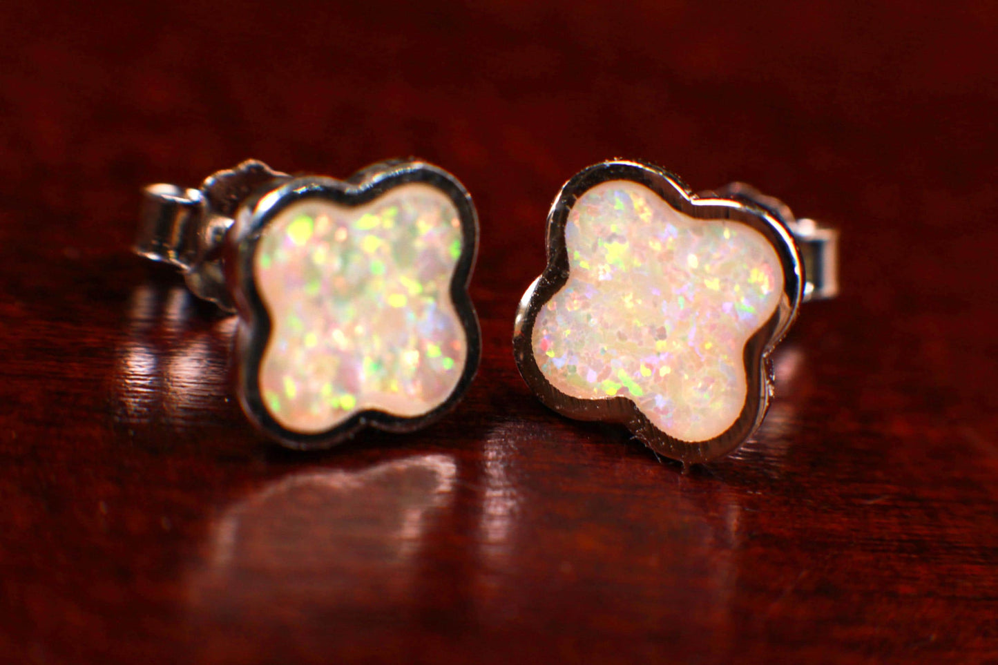 Genuine Ethiopian Fire Opal, Welo Opal, 8mm Clover Stud Earrings in 925 Sterling Silver Fiery Welo Opal Elegant Earrings, 925 Stamped