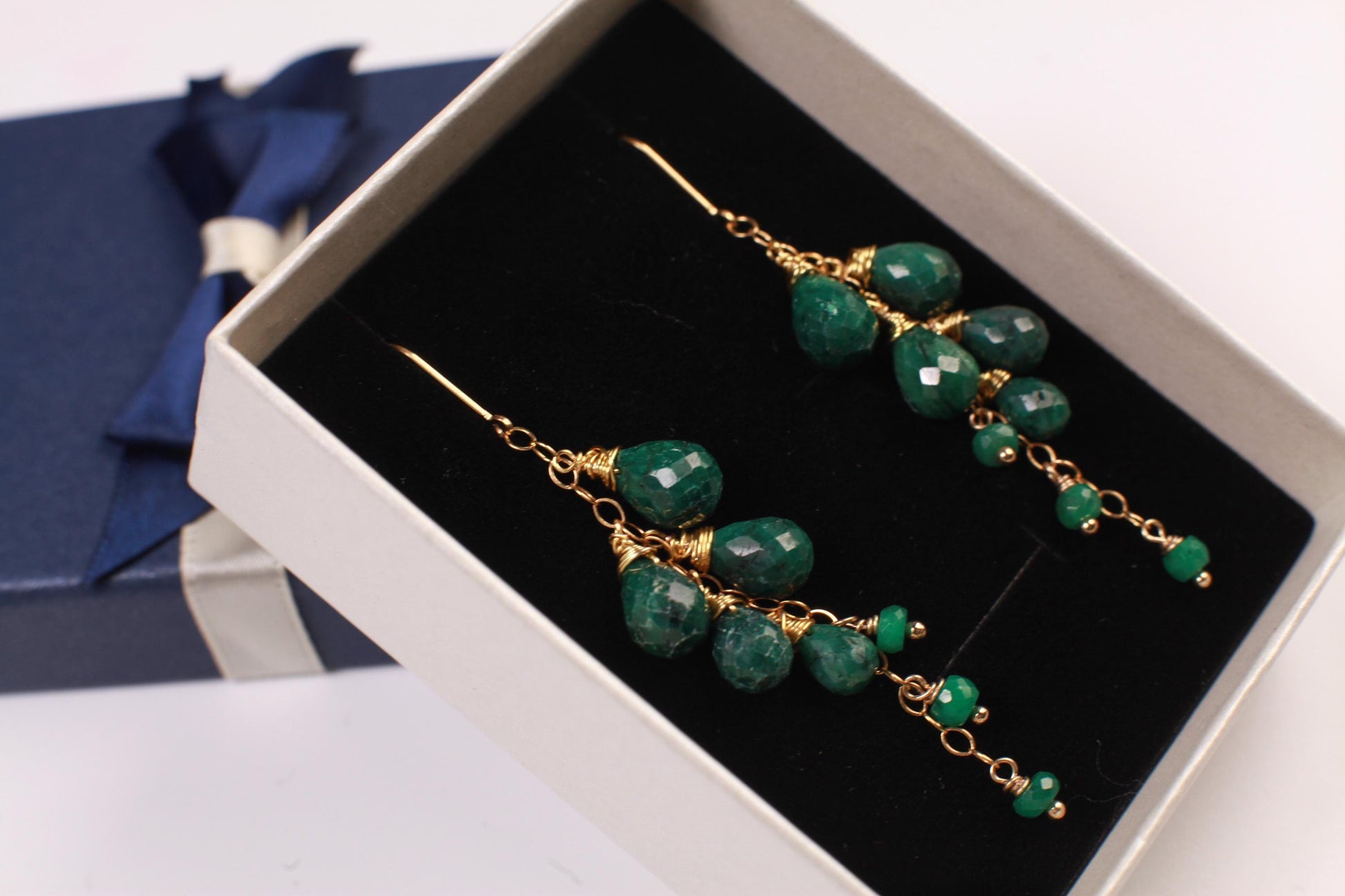 Natural Emerald Faceted Briolette Pear-drop Emerald 14K Gold Filled cascade Lever back Earrings, elegant precious Gift For Her