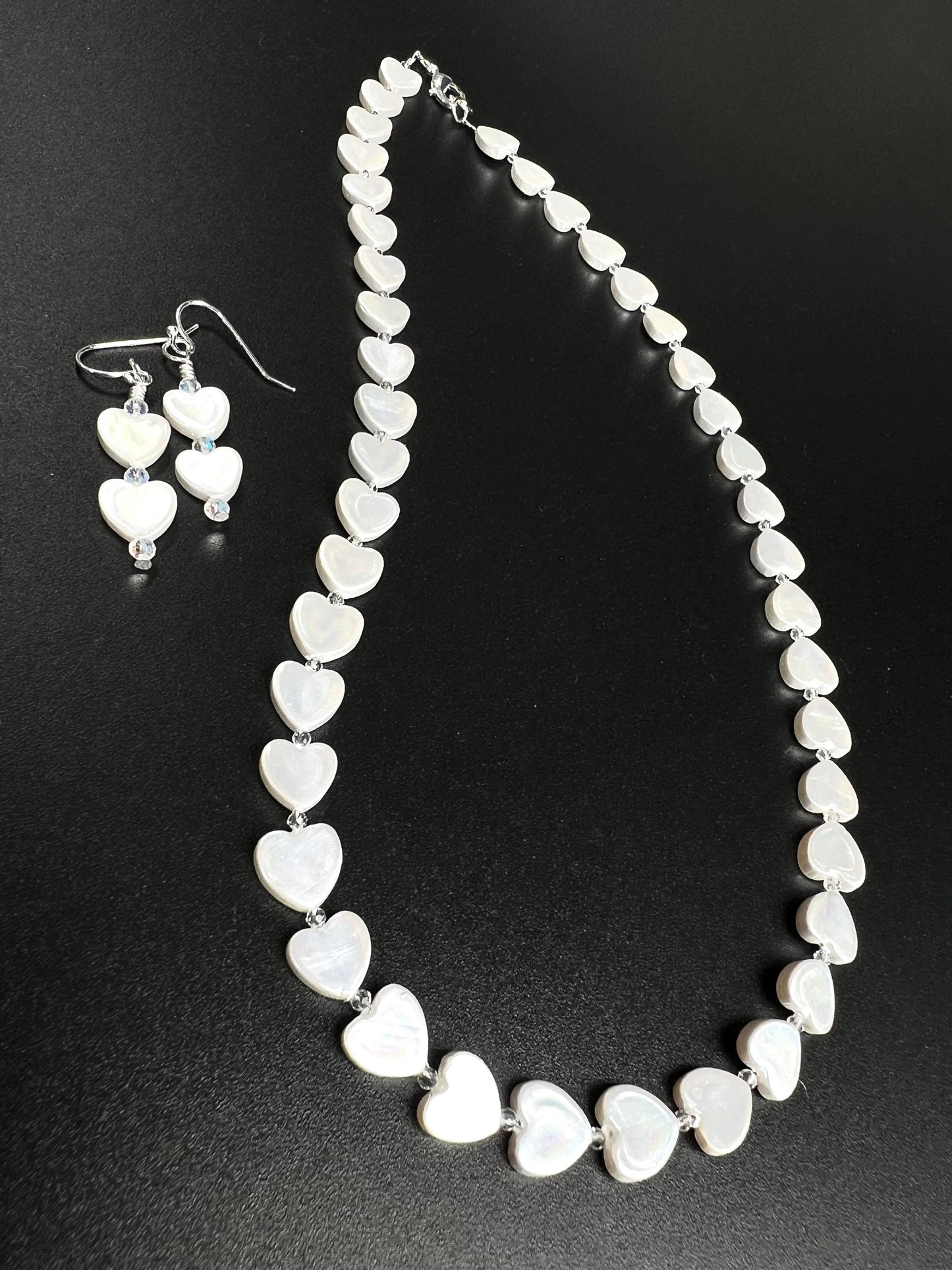 Genuine Freshwater Heart Shape Mother of Pearl with clear CZ spacer 925 Sterling Silver clasp and hook earrings set
