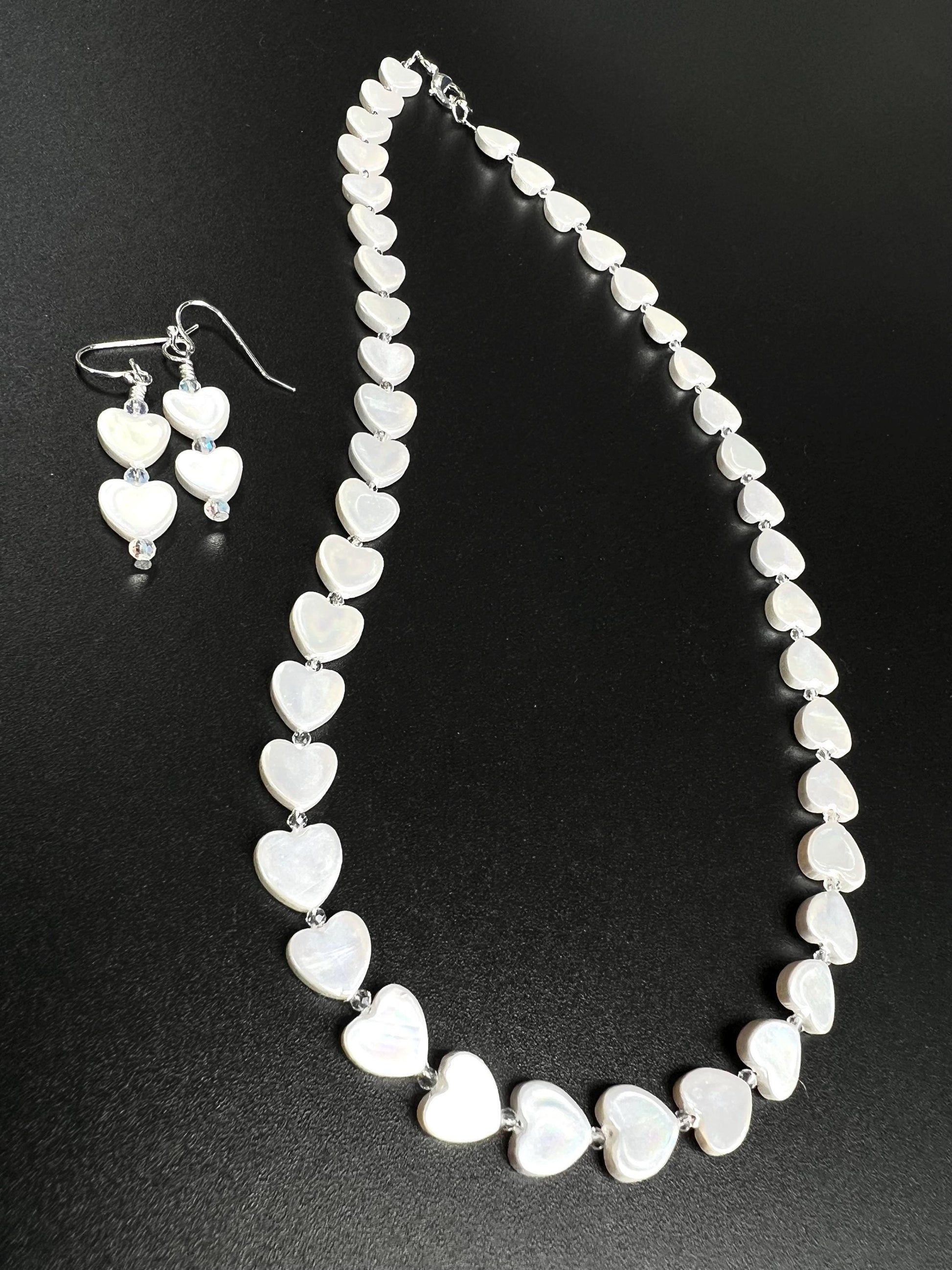 Genuine Freshwater Heart Shape Mother of Pearl with clear CZ spacer 925 Sterling Silver clasp and hook earrings set