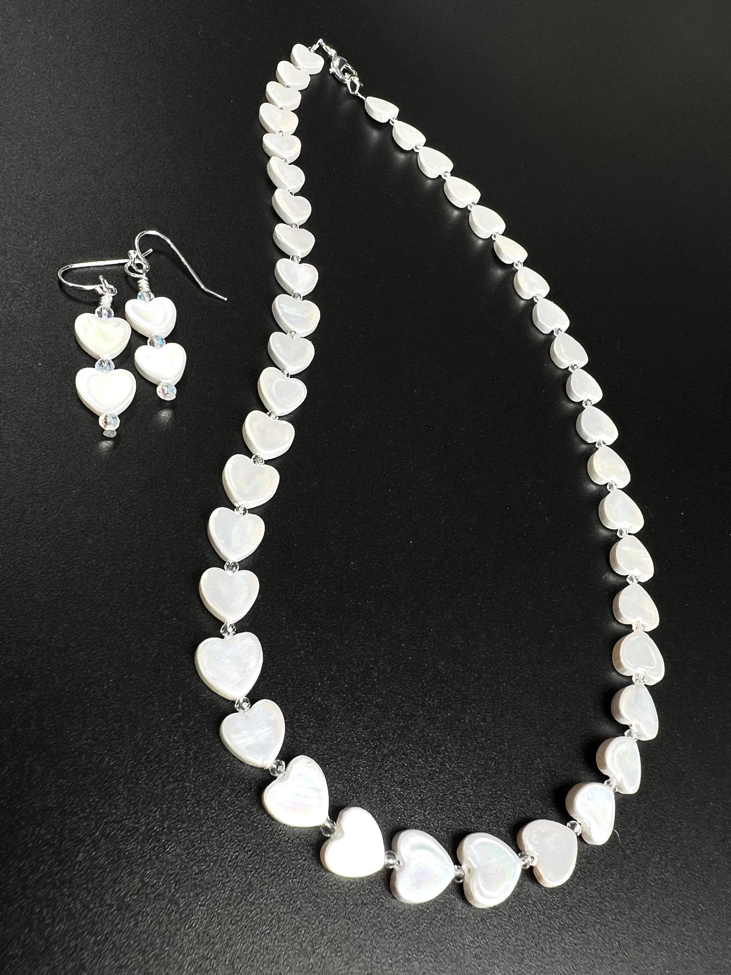 Genuine Freshwater Heart Shape Mother of Pearl with clear CZ spacer 925 Sterling Silver clasp and hook earrings set