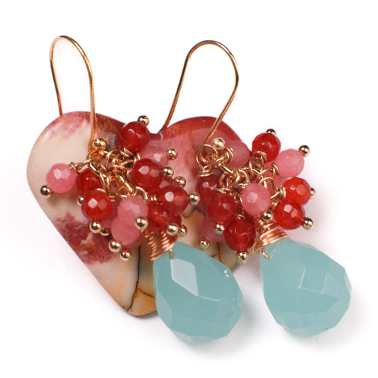 SALE..Aqua Chalcedony 12x16mm Large Drop Cluster Earrings in Gold Vermeil, Gold Over Sterling Silver Earrings