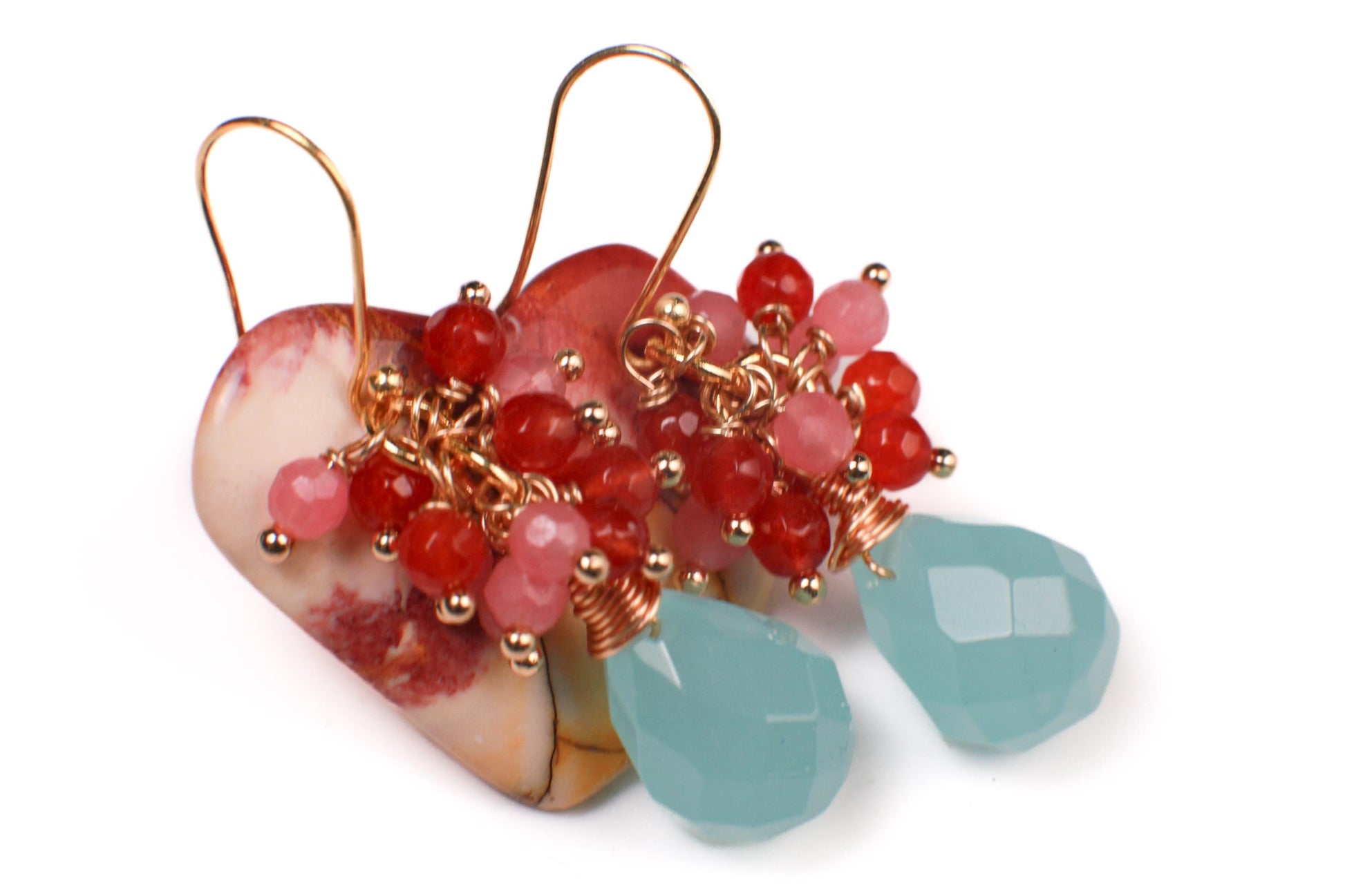 Aqua Chalcedony Drop Earrings, Carnelian Agate, Gold Vermeil