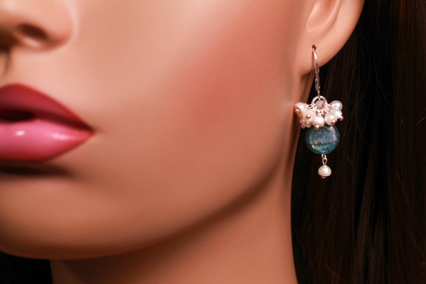 Natural Kyanite Coin Shape Dangling with Natural Fresh Water Pearl Clusters in .925 Sterling Silver Leverback Earring.