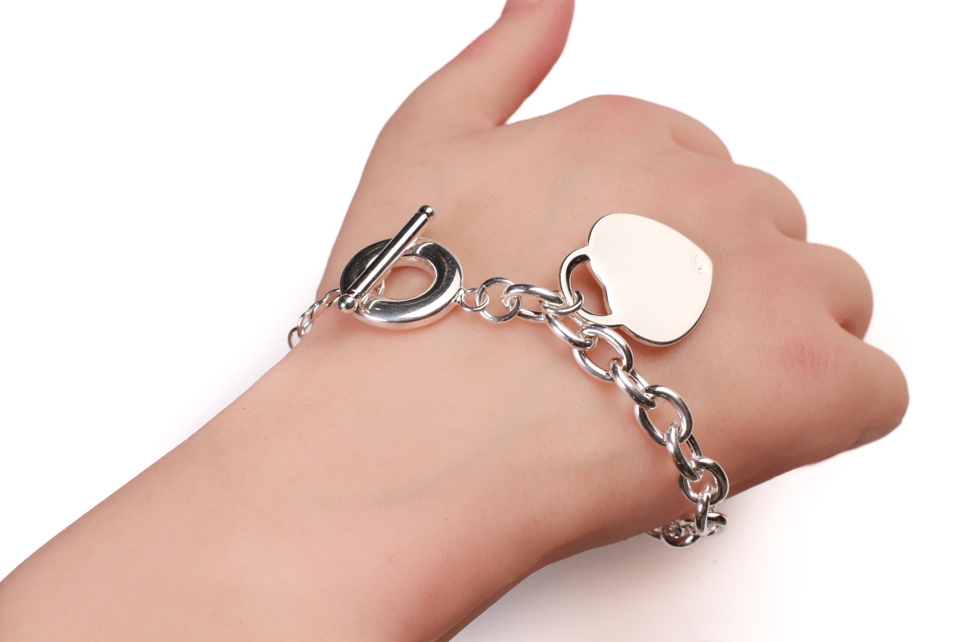 925 Sterling Silver Filled Heart charm dangling Oval Link Toggle Bracelet 7.5” Valentine, Girlfriend Gift, 26 gram Heavy Weight