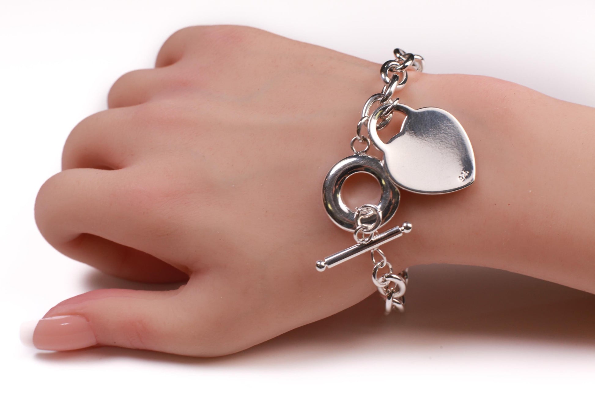 925 Sterling Silver Filled Heart charm dangling Oval Link Toggle Bracelet 7.5” Valentine, Girlfriend Gift, 26 gram Heavy Weight