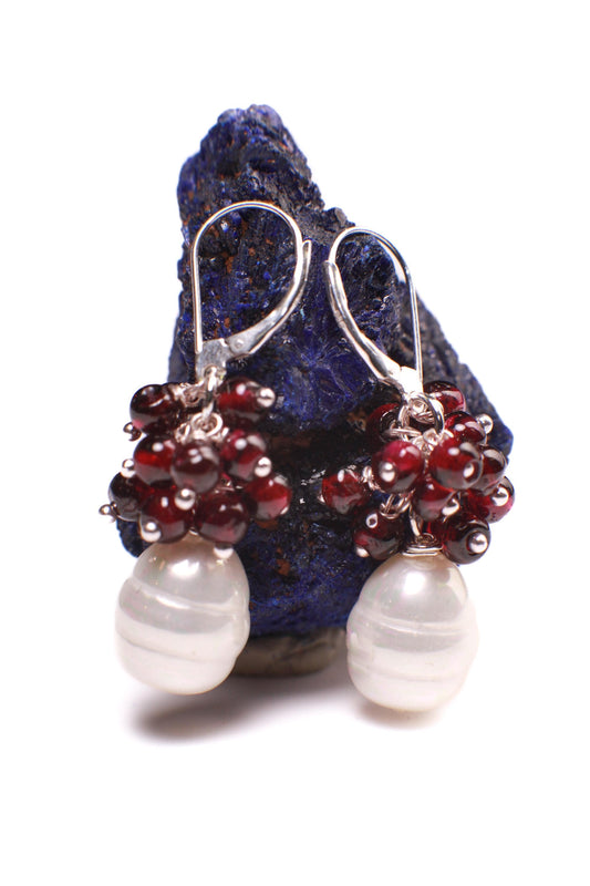 Genuine Garnet Cluster Wire Wrapped Dangling with South Seashell Baroque Pearl 925 sterling Leverback Earwire, Bridal, Boho, Gift for Her
