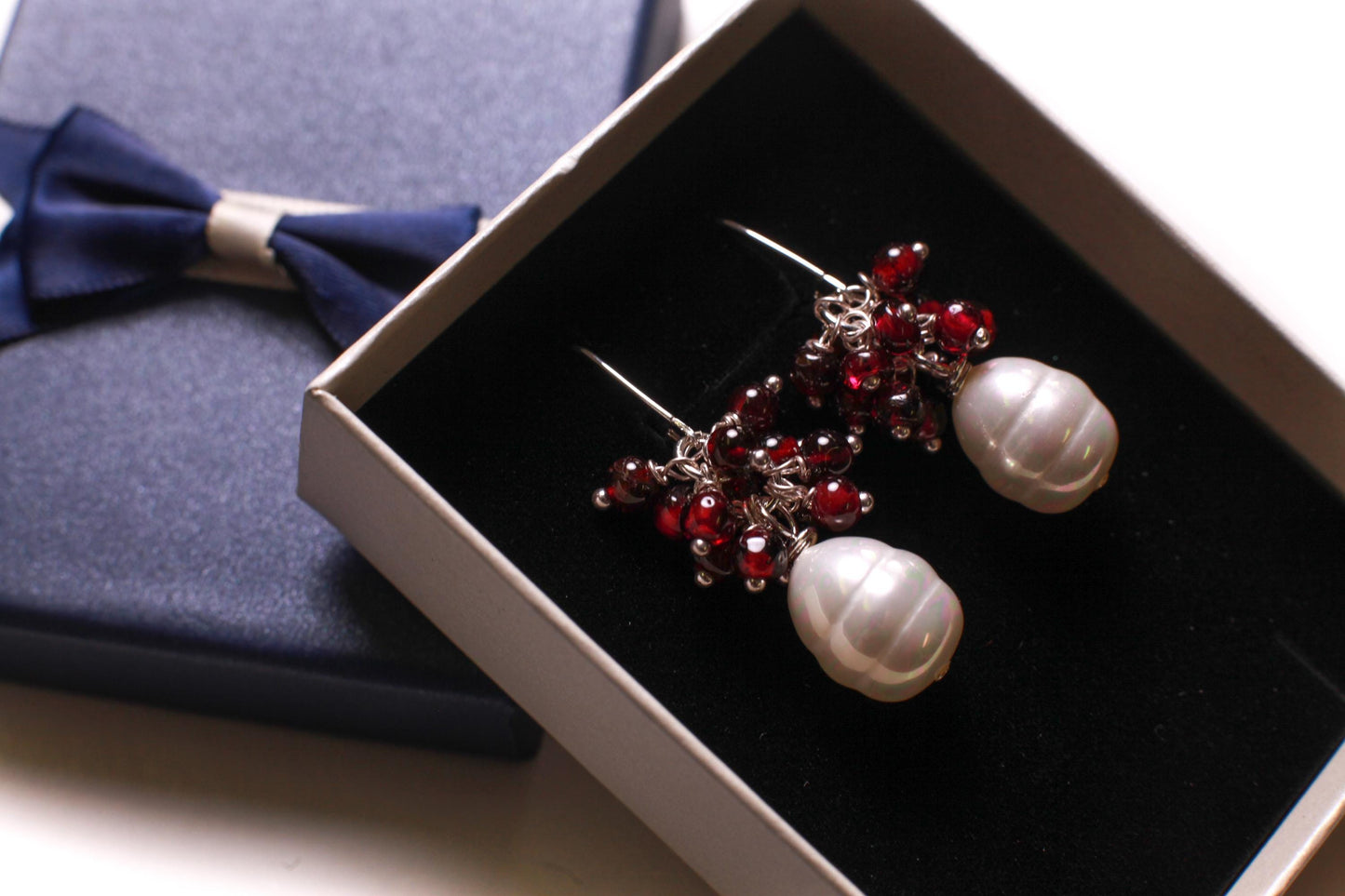 Garnet Cluster Sterling Silver Earrings, South Seashell Pearl Dangle, Boho Bridal