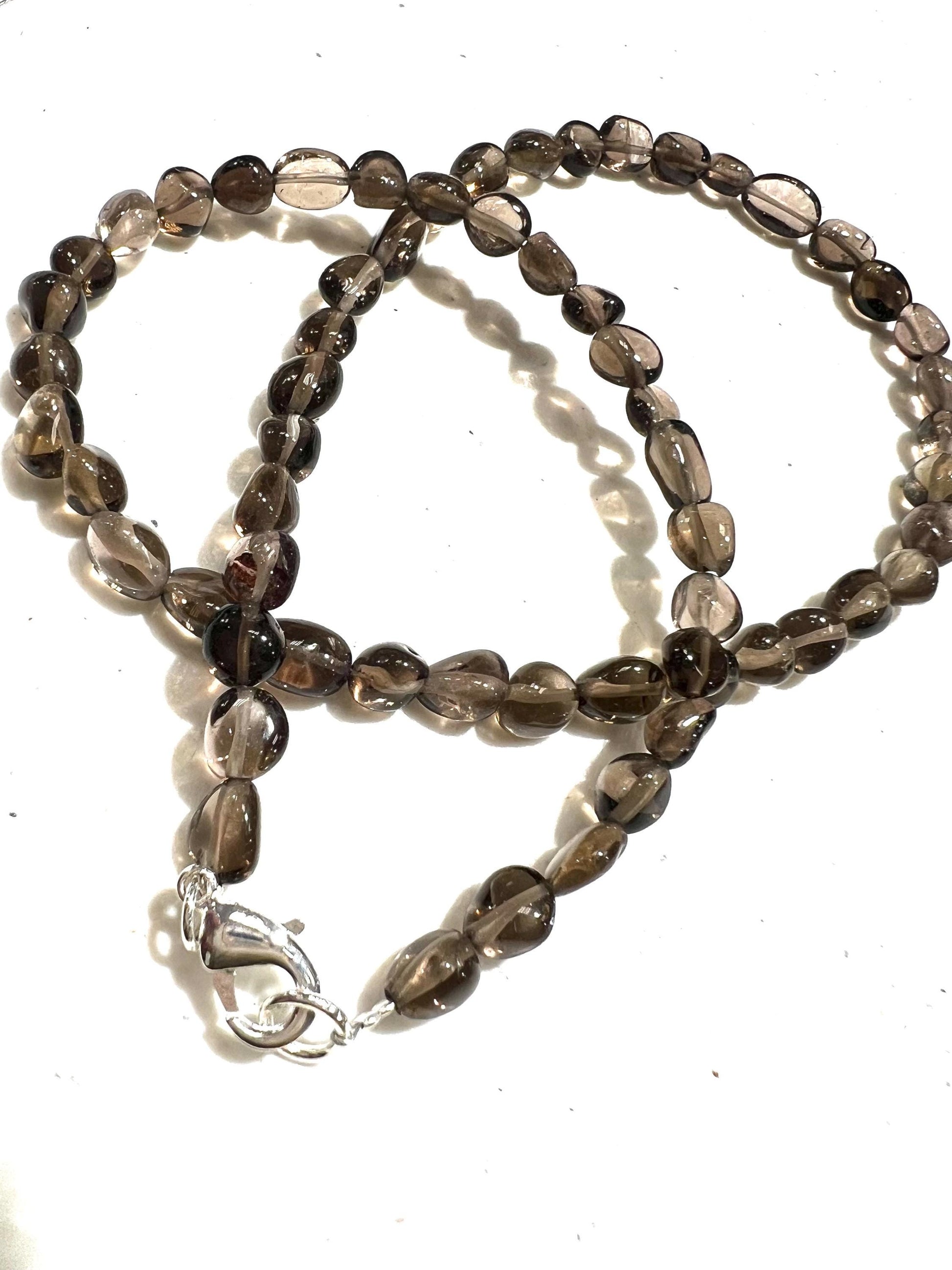 Natural Smokey Quartz Freeform Smooth oval 5x6-7mm beaded Silver necklace AAA Quality smokey Quartz,Energy, Meditation Necklace