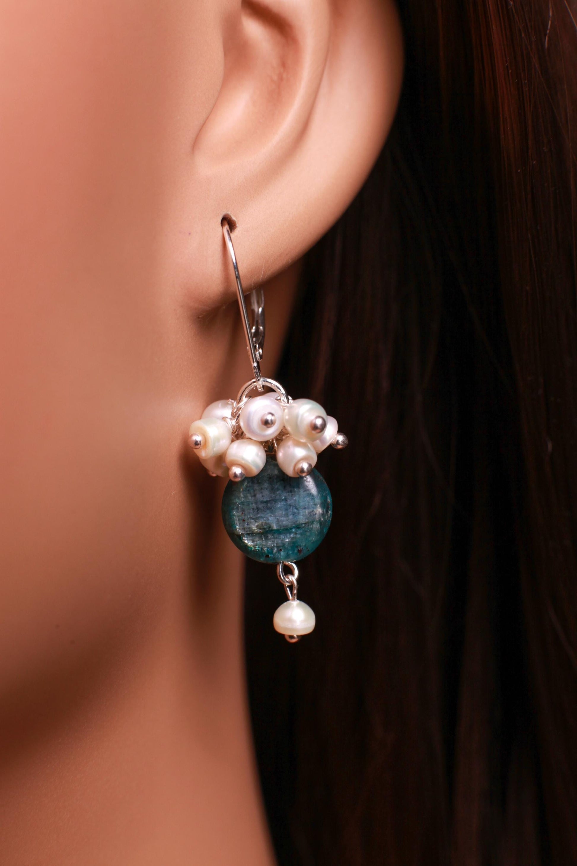 Natural Kyanite Coin Shape Dangling with Natural Fresh Water Pearl Clusters in .925 Sterling Silver Leverback Earring.