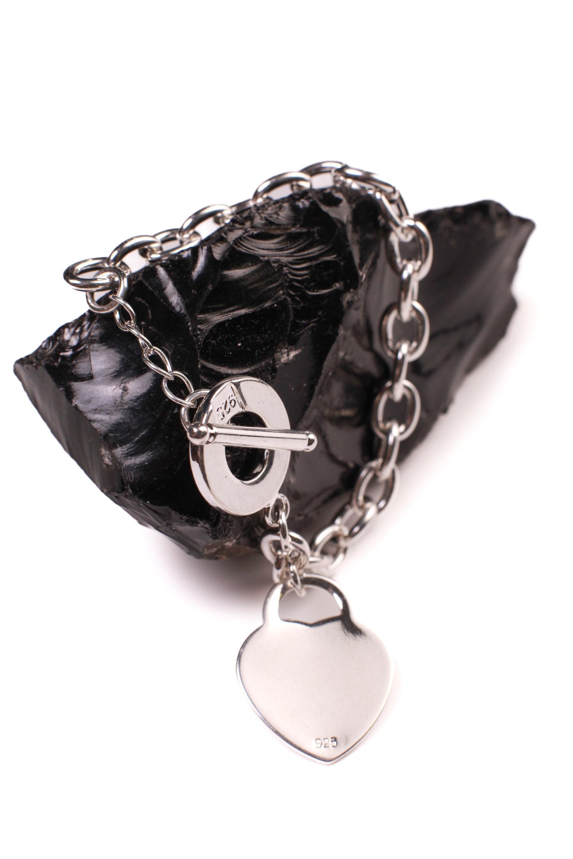 925 Sterling Silver Filled Heart charm dangling Oval Link Toggle Bracelet 7.5” Valentine, Girlfriend Gift, 26 gram Heavy Weight