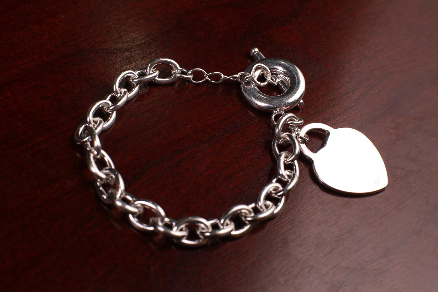 925 Sterling Silver Filled Heart charm dangling Oval Link Toggle Bracelet 7.5” Valentine, Girlfriend Gift, 26 gram Heavy Weight