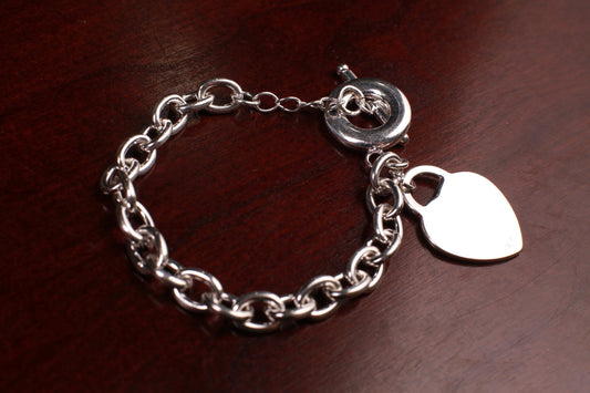 925 Sterling Silver Filled Heart charm dangling Oval Link Toggle Bracelet 7.5” Valentine, Girlfriend Gift, 26 gram Heavy Weight