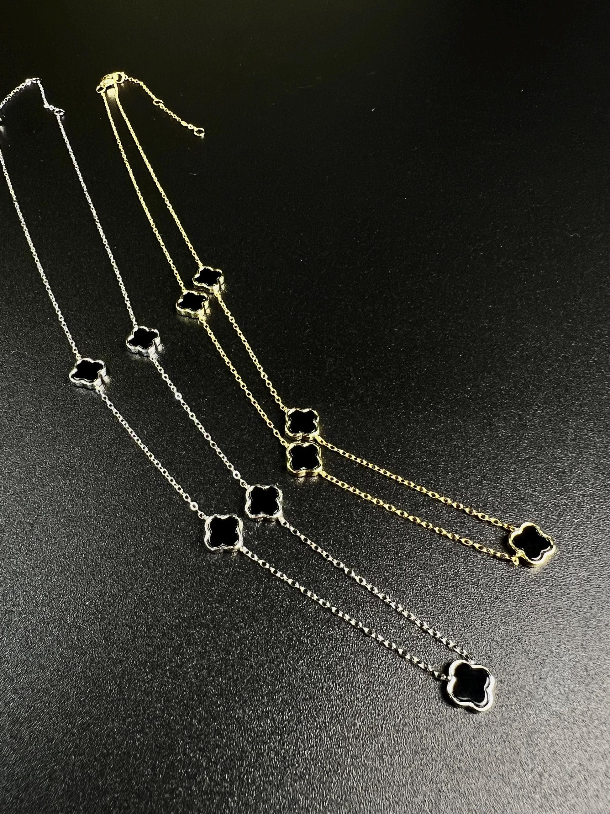 22K Gold Vermeil, 925 Sterling Silver, Flowers Charm 8.5mm Natural Black Onyx 5pcs Adjustable 16”,17",18" 3 in 1 necklace