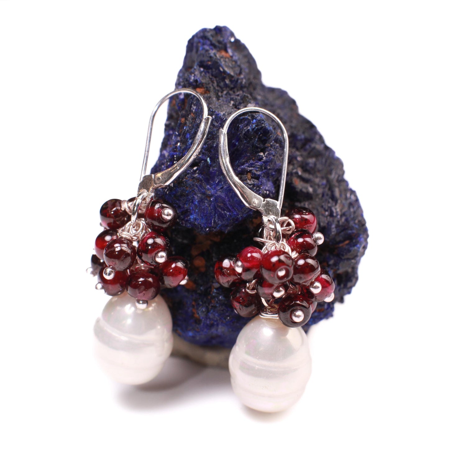 Genuine Garnet Cluster Wire Wrapped Dangling with South Seashell Baroque Pearl 925 sterling Leverback Earwire, Bridal, Boho, Gift for Her