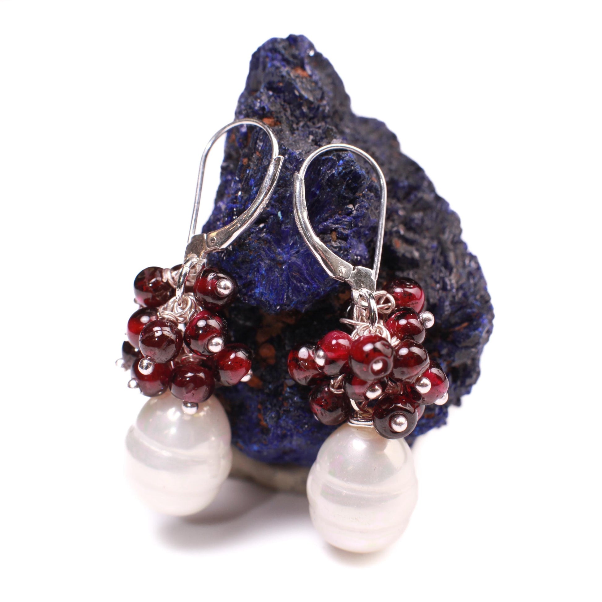 Genuine Garnet Cluster Wire Wrapped Dangling with South Seashell Baroque Pearl 925 sterling Leverback Earwire, Bridal, Boho, Gift for Her