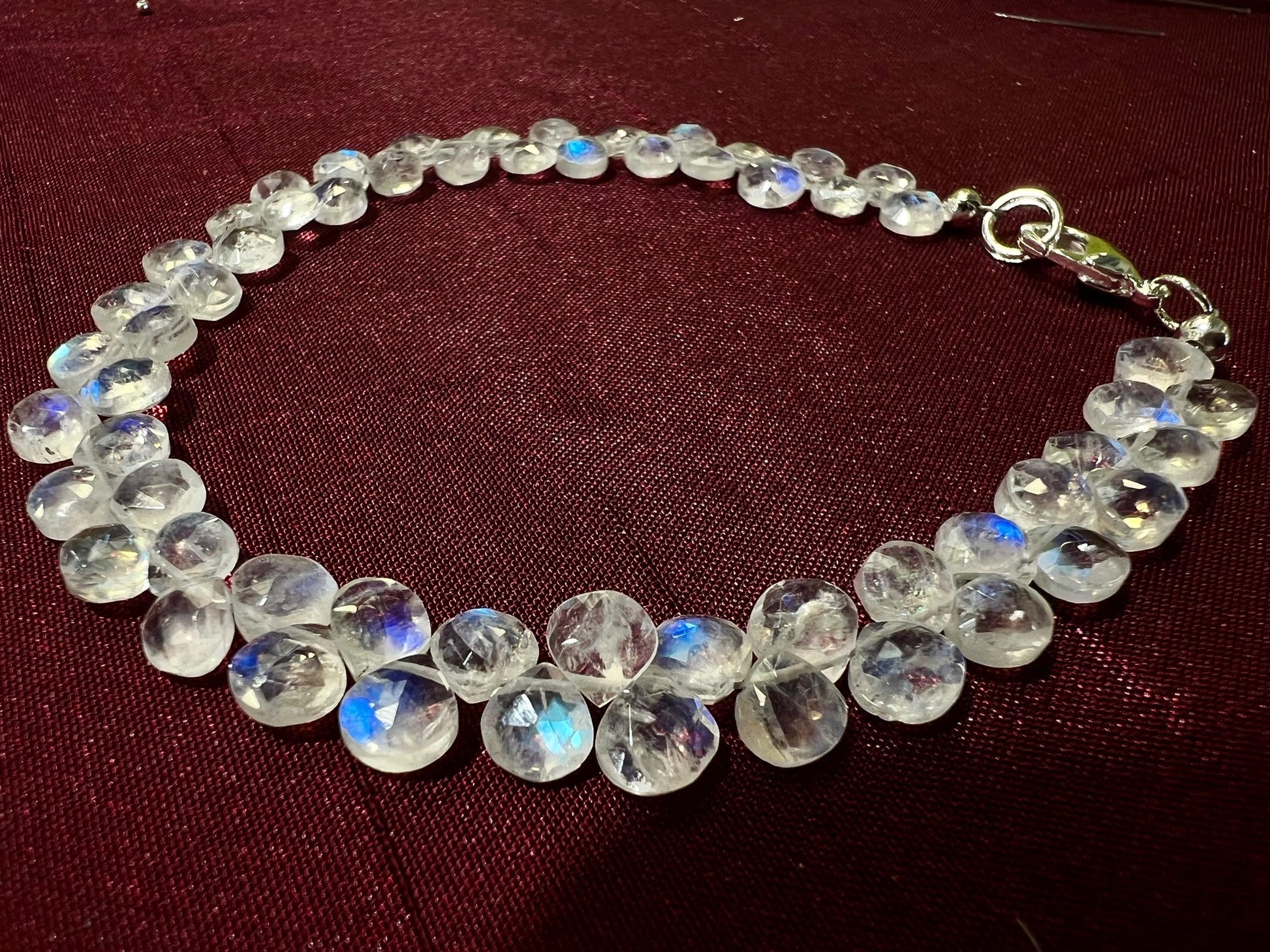 Natural Rainbow Moonstone Heart Shape Diamond cut Faceted Drop Gemstone 925 Sterling Silver Bracelet. AAA Quality Hsndmade Gift.