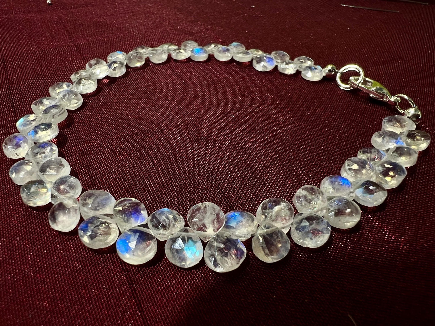 Natural Rainbow Moonstone Heart Shape Diamond cut Faceted Drop Gemstone Bracelet. AAA Quality Hsndmade Gift .