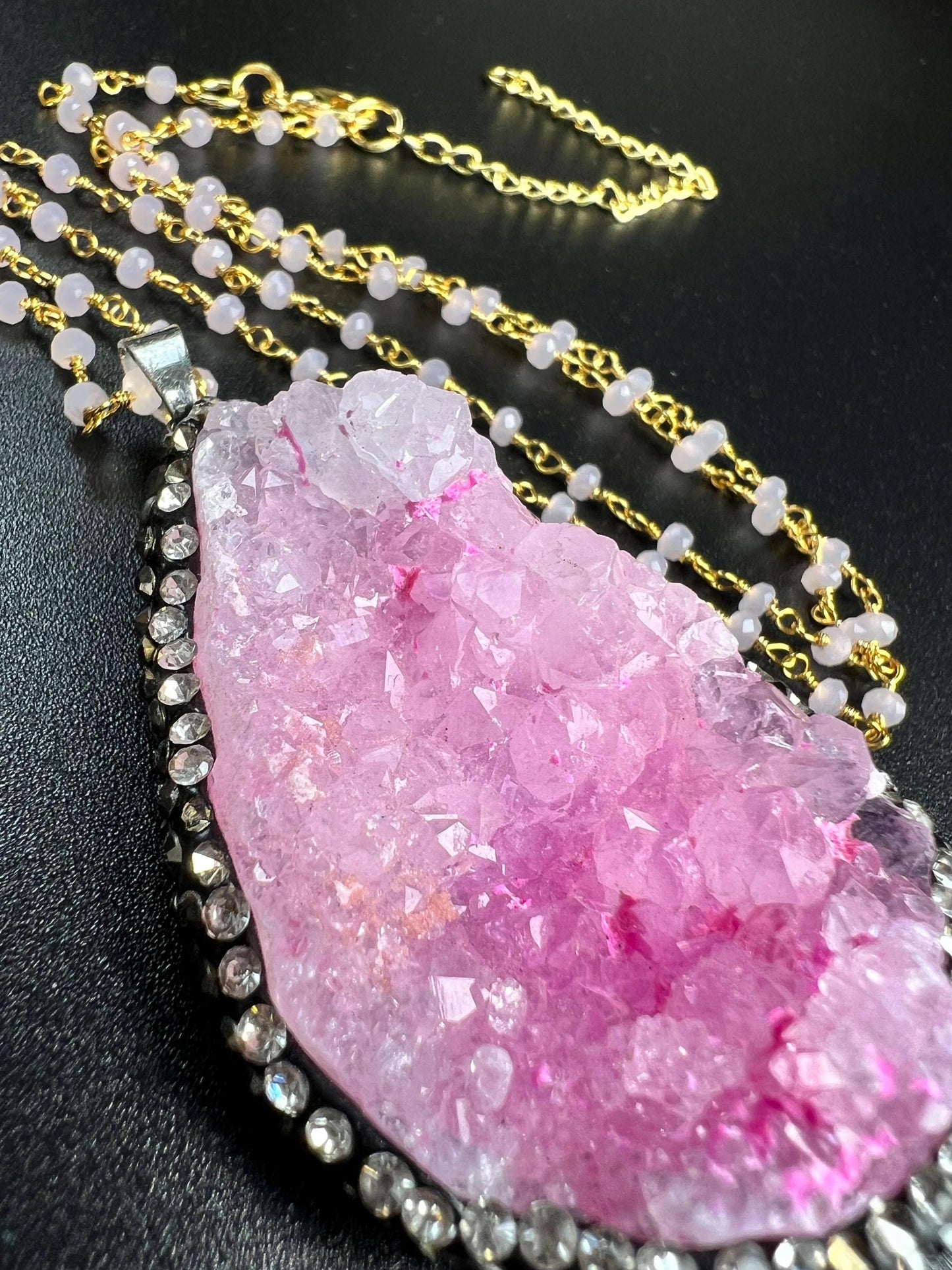 Druzy Agate Geode Pendant 35x52mm big,CZ Rhinestone Pave setting matching beaded chain 20” Necklace with 3" Extension
