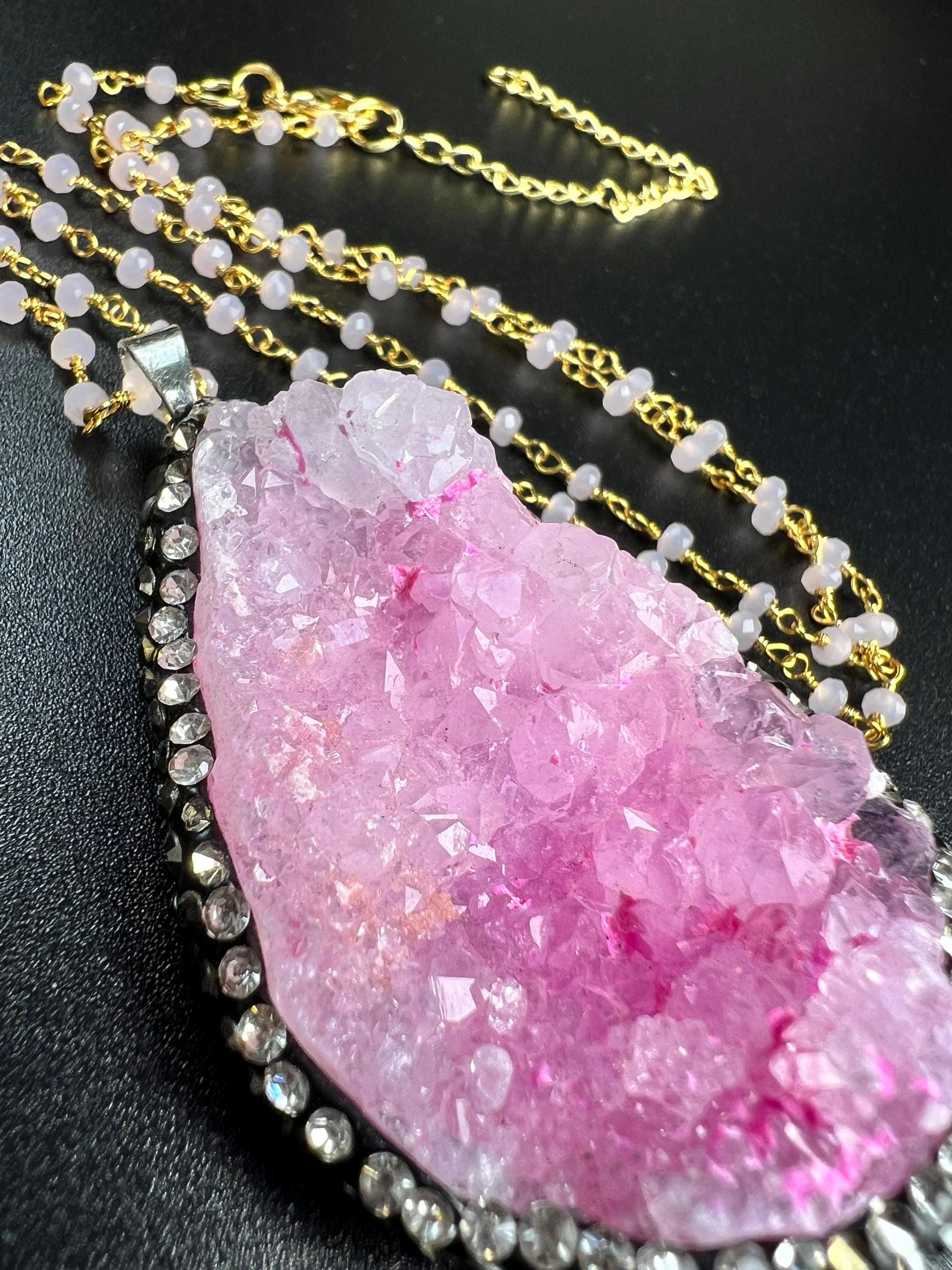 Druzy Agate Geode Pendant 35x52mm big,CZ Rhinestone Pave setting matching beaded chain 20” Necklace with 3" Extension
