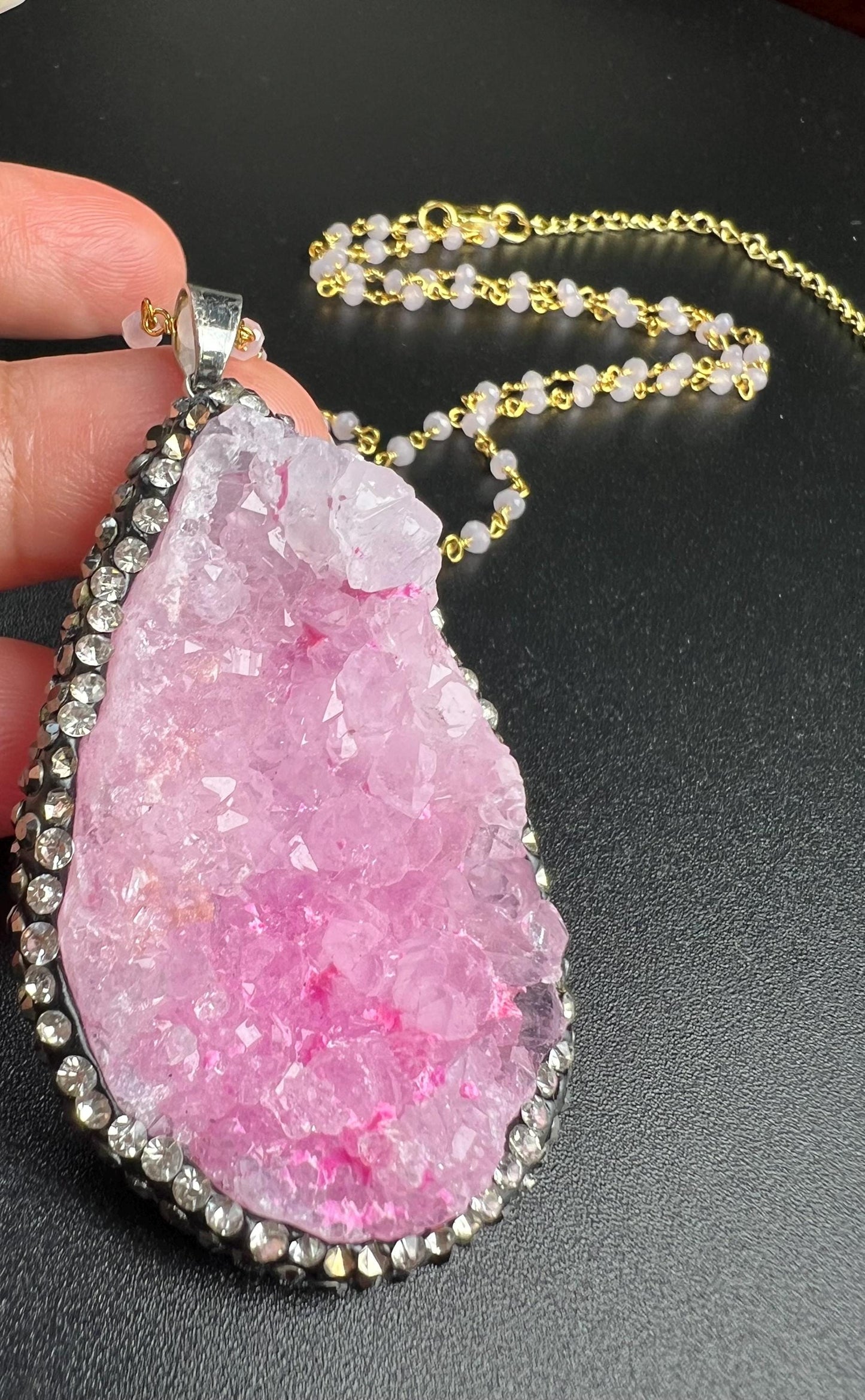 Druzy Agate Geode Pendant 35x52mm big,CZ Rhinestone Pave setting matching beaded chain 20” Necklace with 3" Extension