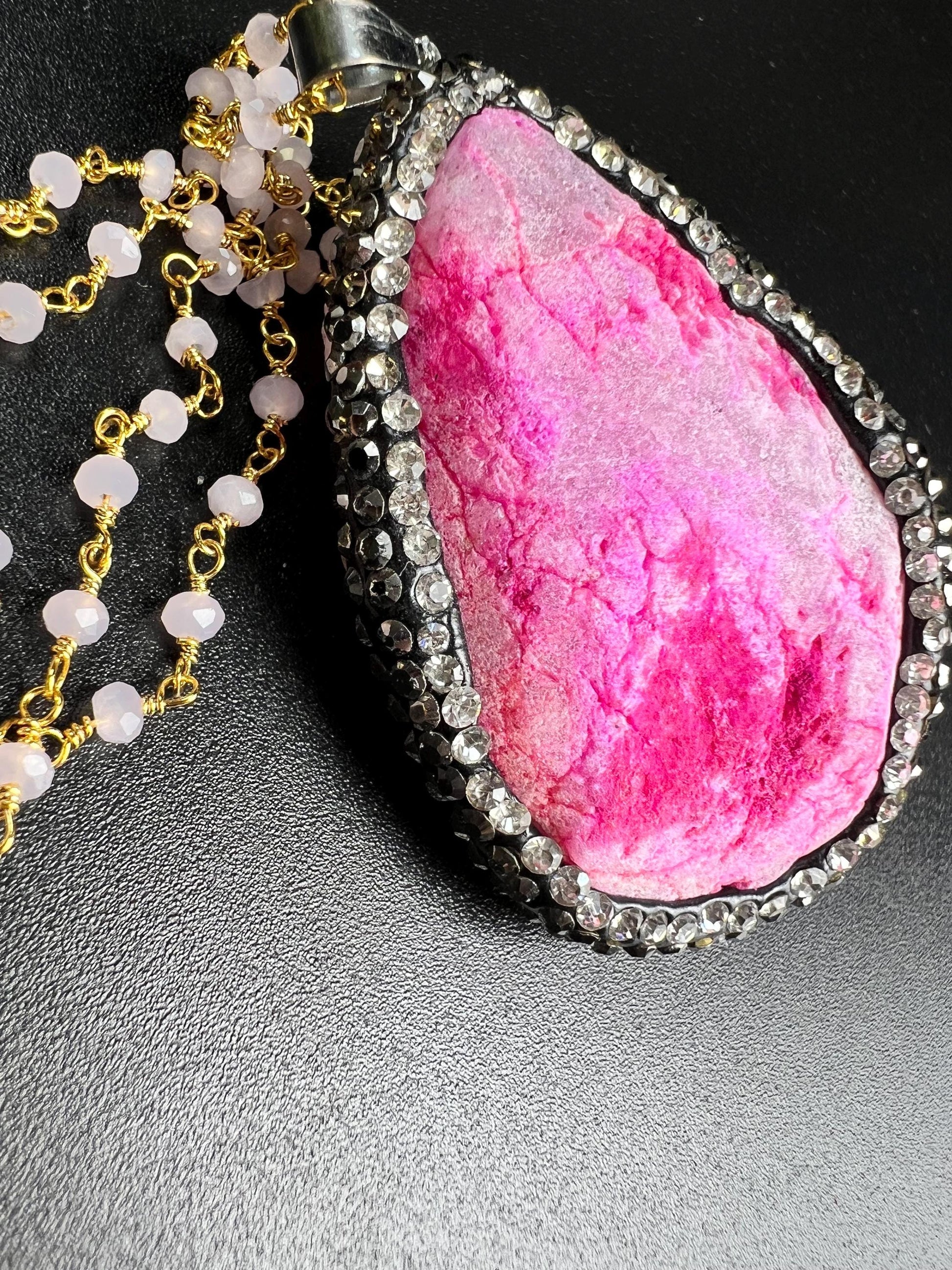 Druzy Agate Geode Pendant 35x52mm big,CZ Rhinestone Pave setting matching beaded chain 20” Necklace with 3" Extension