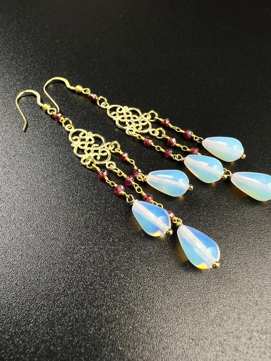 Genuine Garnet and opalite drop Gold vermeil chandelier earrings