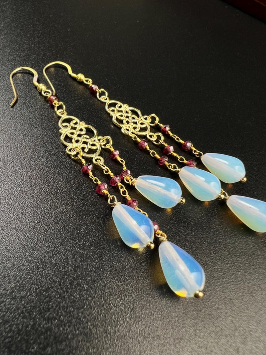 Genuine Opalite Faceted Briolette Drop 7x9mm Dangling with Garnet Rondelle wire wrapped 18K gold Vermeil Chandelier Earrings